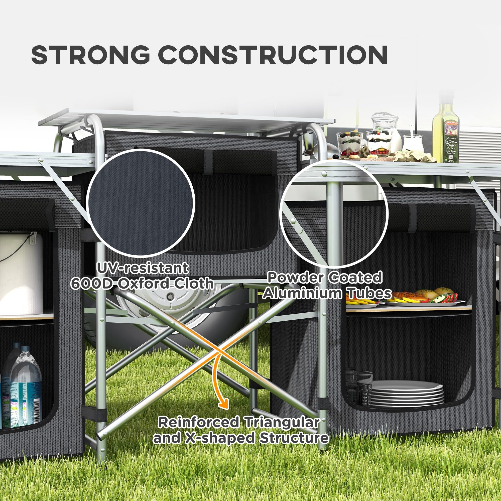 Outsunny Portable Folding Camping Kitchen Table - Aluminum Cook Station with 3 Fabric Cupboards & Windshield - Compact Camp Kitchen for BBQ, RV, Picnic - Includes Carrying Bag (Black) | Perfect for Outdoor Cooking, Camping Trips & Backyard Gatherings