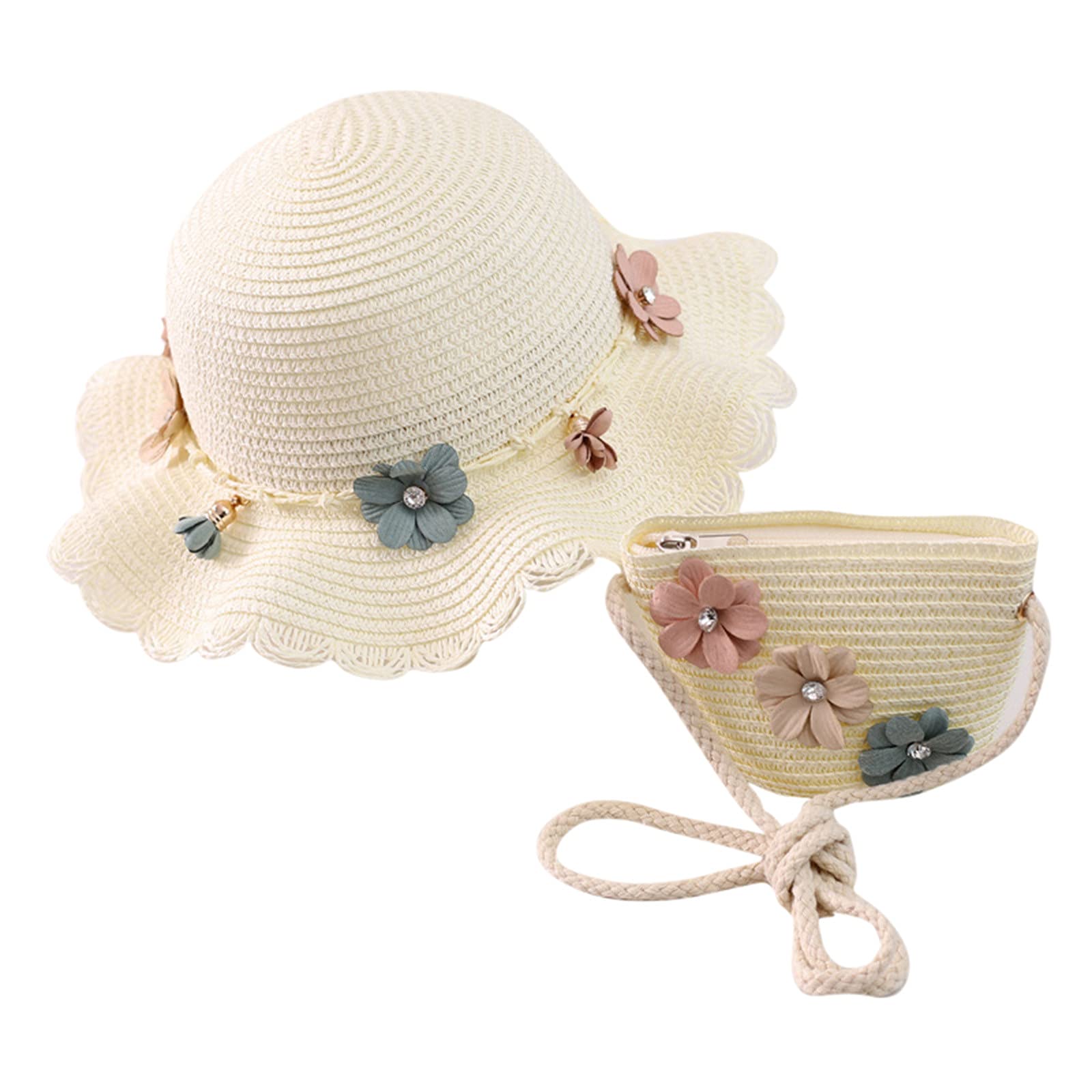 Girls Sun Hat with Bag - Lovely Straw Hat with Flower for Kids - Perfect for Beach, Park & Outdoor Play