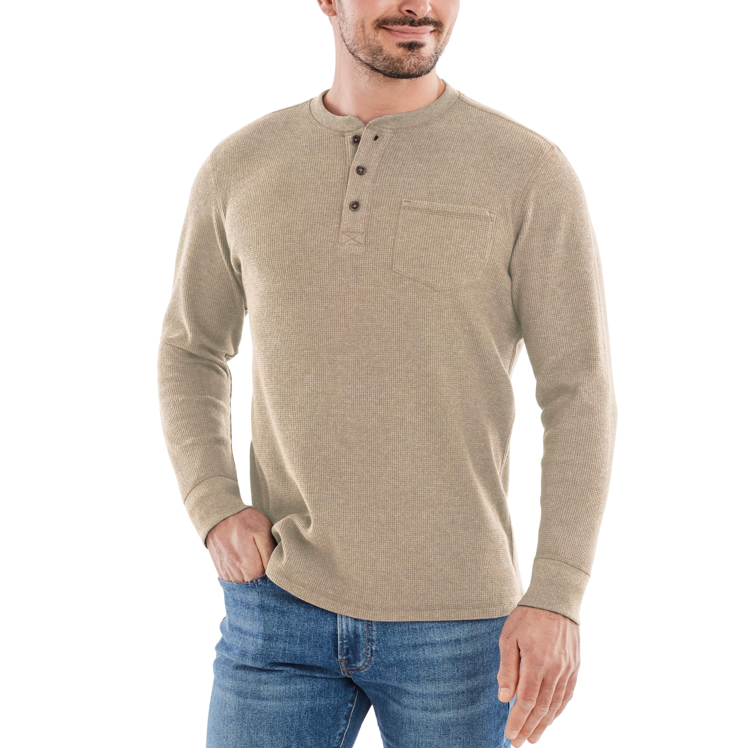 Men's Long-Sleeve Waffle Knit Thermal Henley Shirt with Pocket - Warm Winter Base Layer for Hiking, Camping & Outdoor Activities | American Outdoorsman