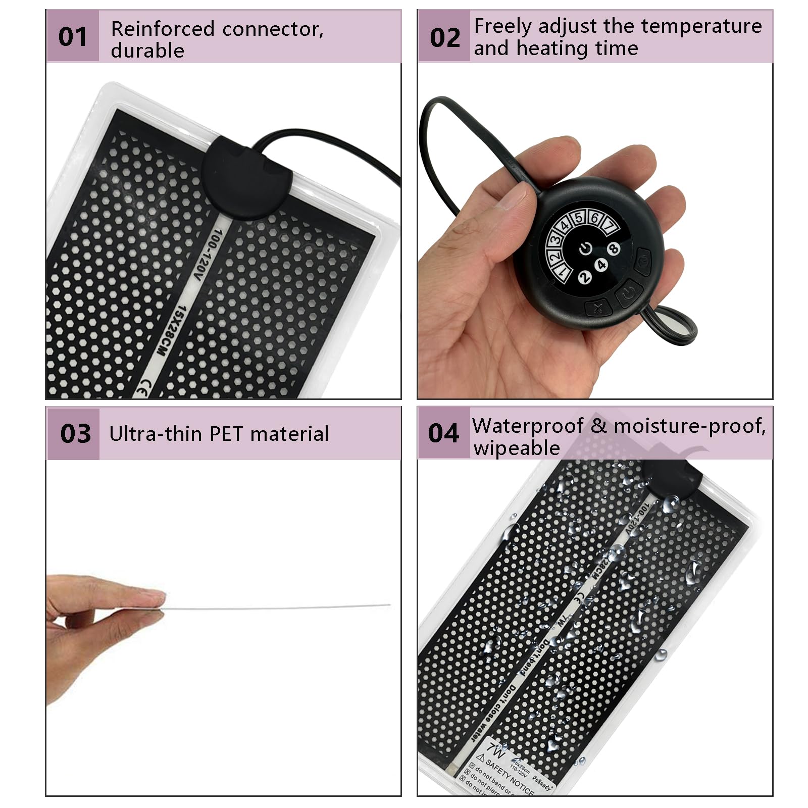 7W Reptile Heat Pad with 7-Temperature Settings - Under Tank Terrarium Heater for Snakes, Lizards, Geckos, Frogs & Small Pets - Perfect for Reptile Tanks, Habitats & Winter Warmth