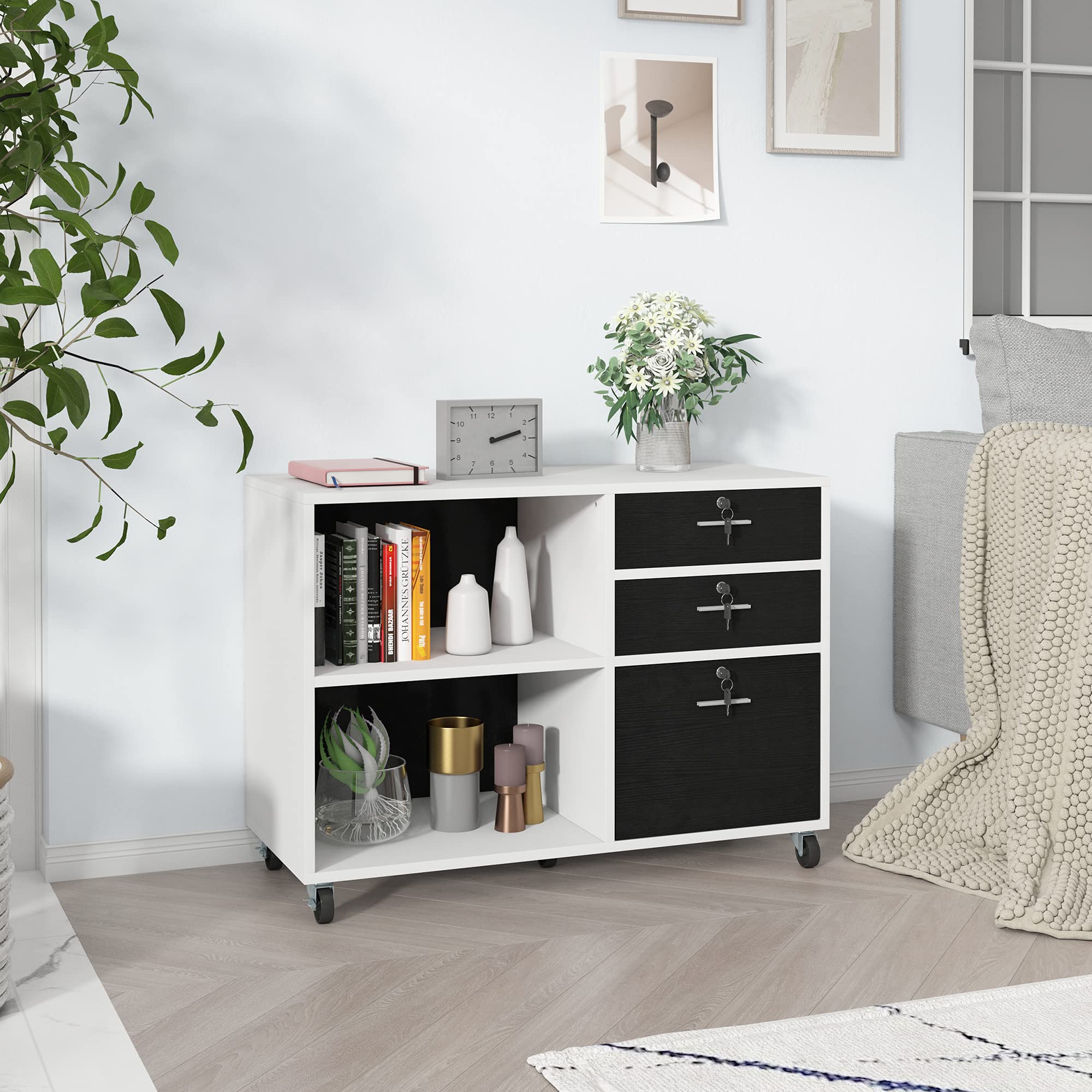 YITAHOME 3-Drawer Wood File Cabinet with Wheels, Mobile Lateral Storage Cabinet & Printer Stand - 35