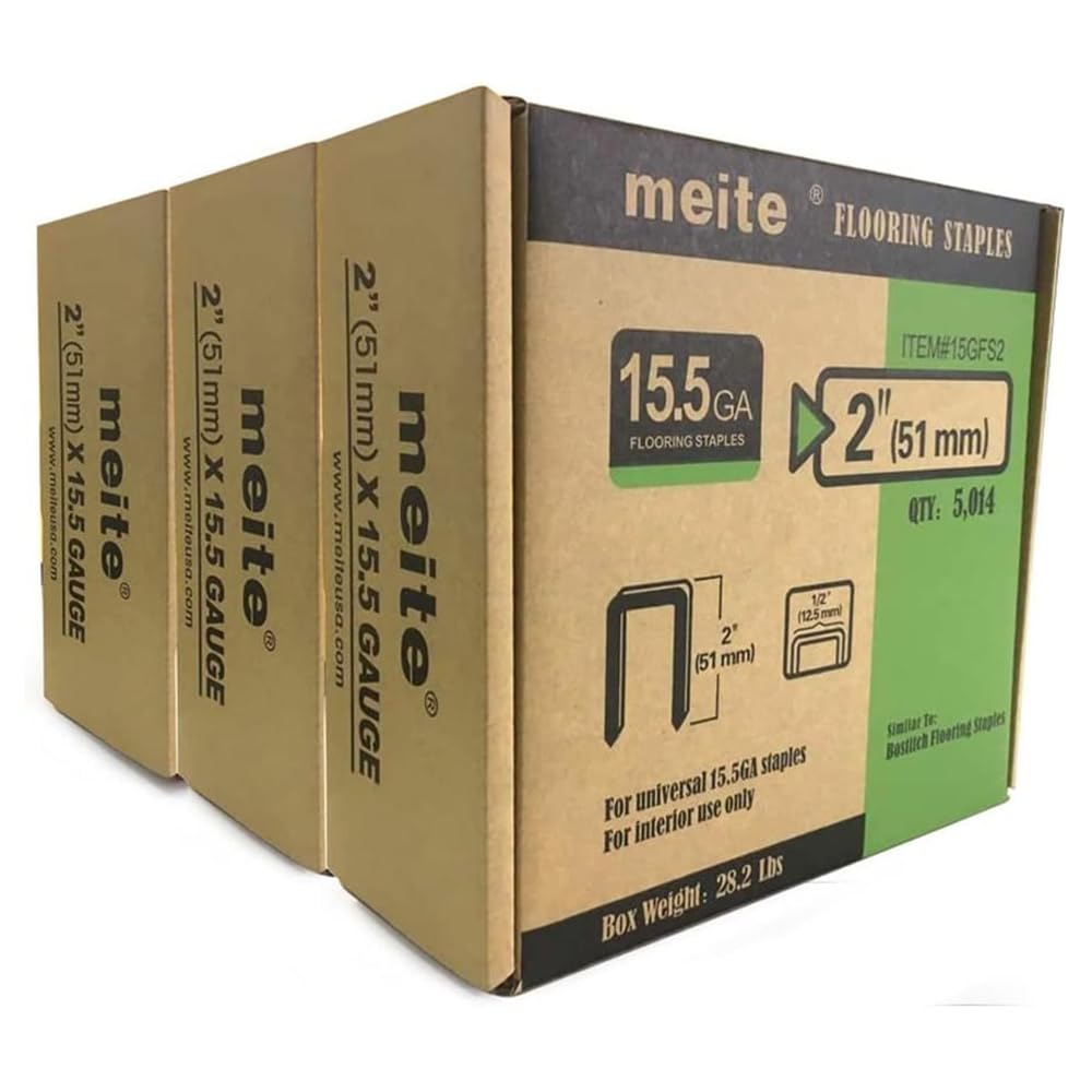 Meite 15.5 Gauge 2-Inch Flooring Staples - 1/2-Inch Crown Hardwood Floor Staples, Galvanized Collated Nails (5,014 Counts/Box, 3 Boxes) - Perfect for Hardwood Floor Installation, Subflooring & DIY Wood Projects