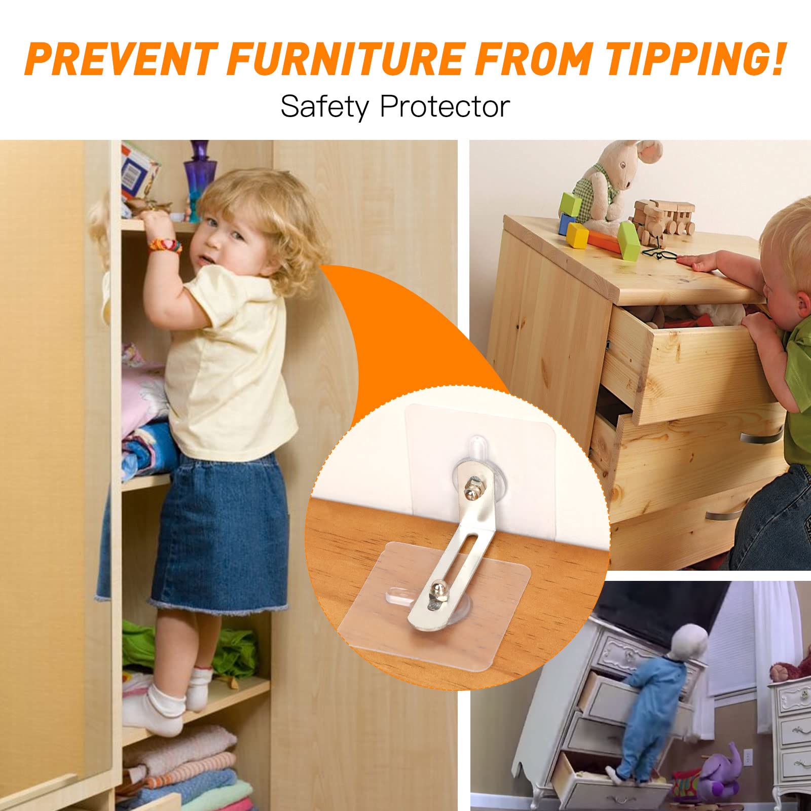 8 Pack Furniture Safety Anchors - No Drill Anti-Tip Wall Mounting Kit for Baby Proofing Bookshelves, Dressers & Cabinets - Adjustable Metal Brackets for Child & Pet Safety - Perfect for Nursery, Living Room & Office Use
