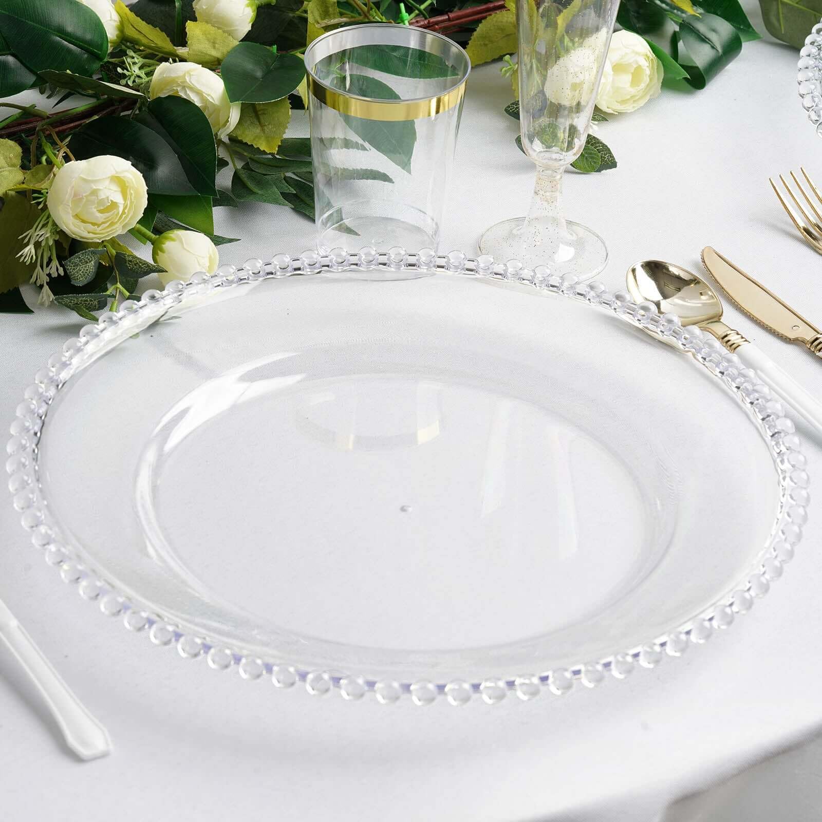 Efavormart 6 Pack 12 Inch Clear Acrylic Round Charger Plates with Beaded Rim - Elegant Dinner Plates for Weddings, Parties, and Formal Dining Events