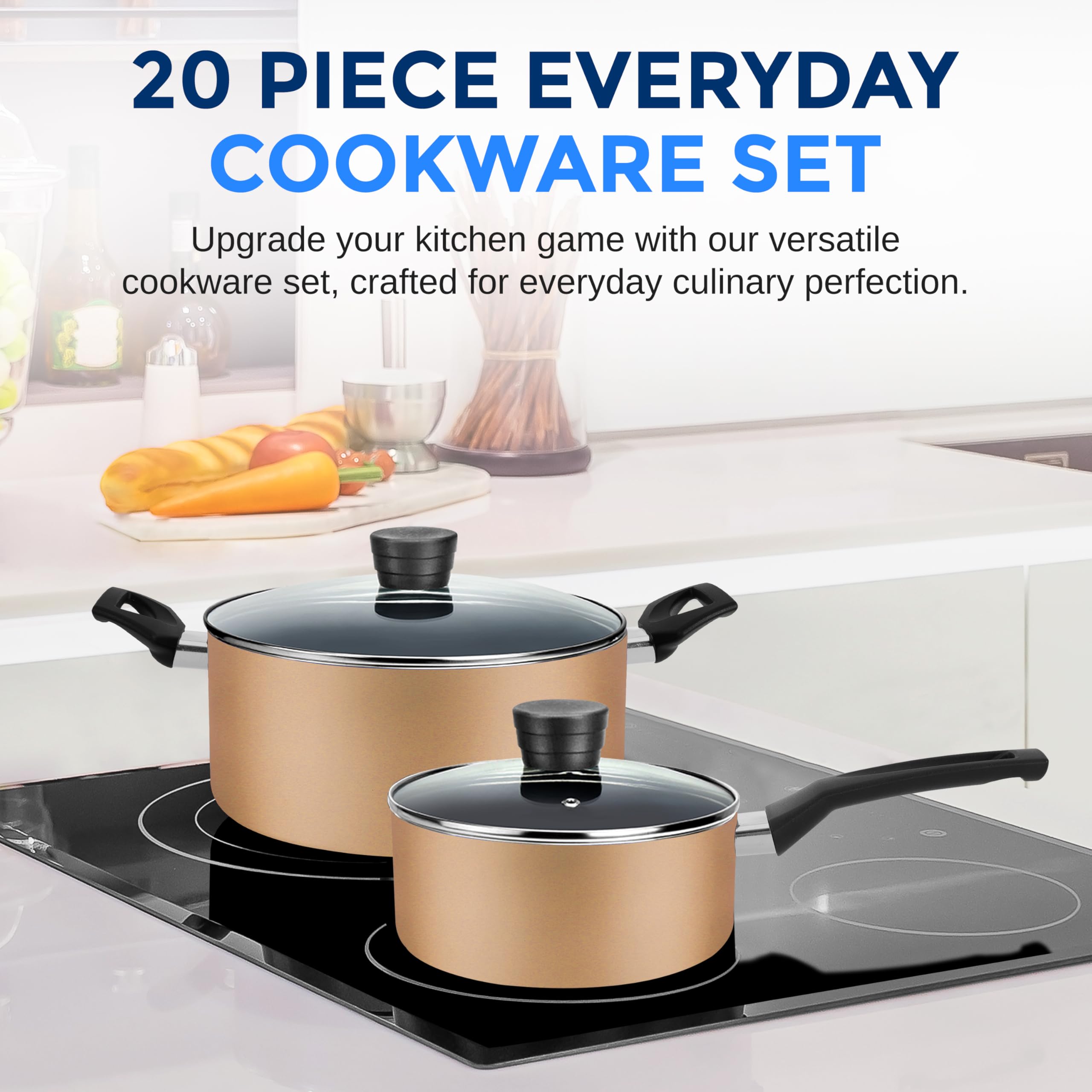 SereneLife 20-Piece Kitchen Cookware Set - Nonstick Pots & Pans with Tempered Glass Lids, Cooking Utensils & Knife Set in Gold for Home & Restaurant Use | Perfect for Frying, Boiling & Meal Prep