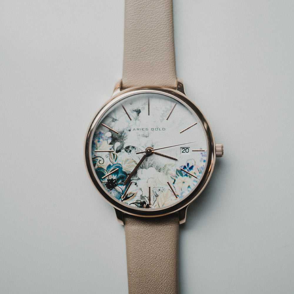 ARIES GOLD ENCHANT FLEUR Rose Gold Stainless Steel Women's Watch with Leather Strap - Model L 5035 RG GYFL - Perfect for Formal Events, Office Wear & Gift Giving