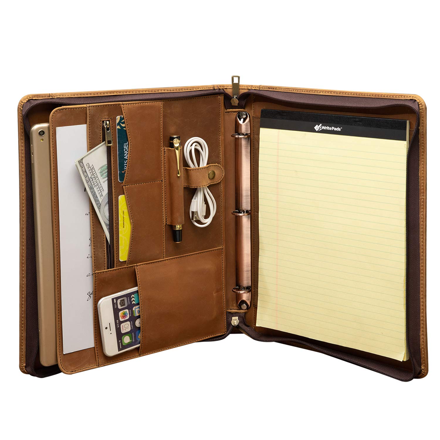 Handmade Crazy Horse Leather 3-Ring Binder Portfolio with Zipper - Professional Business Organizer for Men & Women - Letter/A4 Size Padfolio for Office, Meetings & Travel - Custom Engraving Available (Brown) - Perfect for Corporate Gifts & Executive Organization
