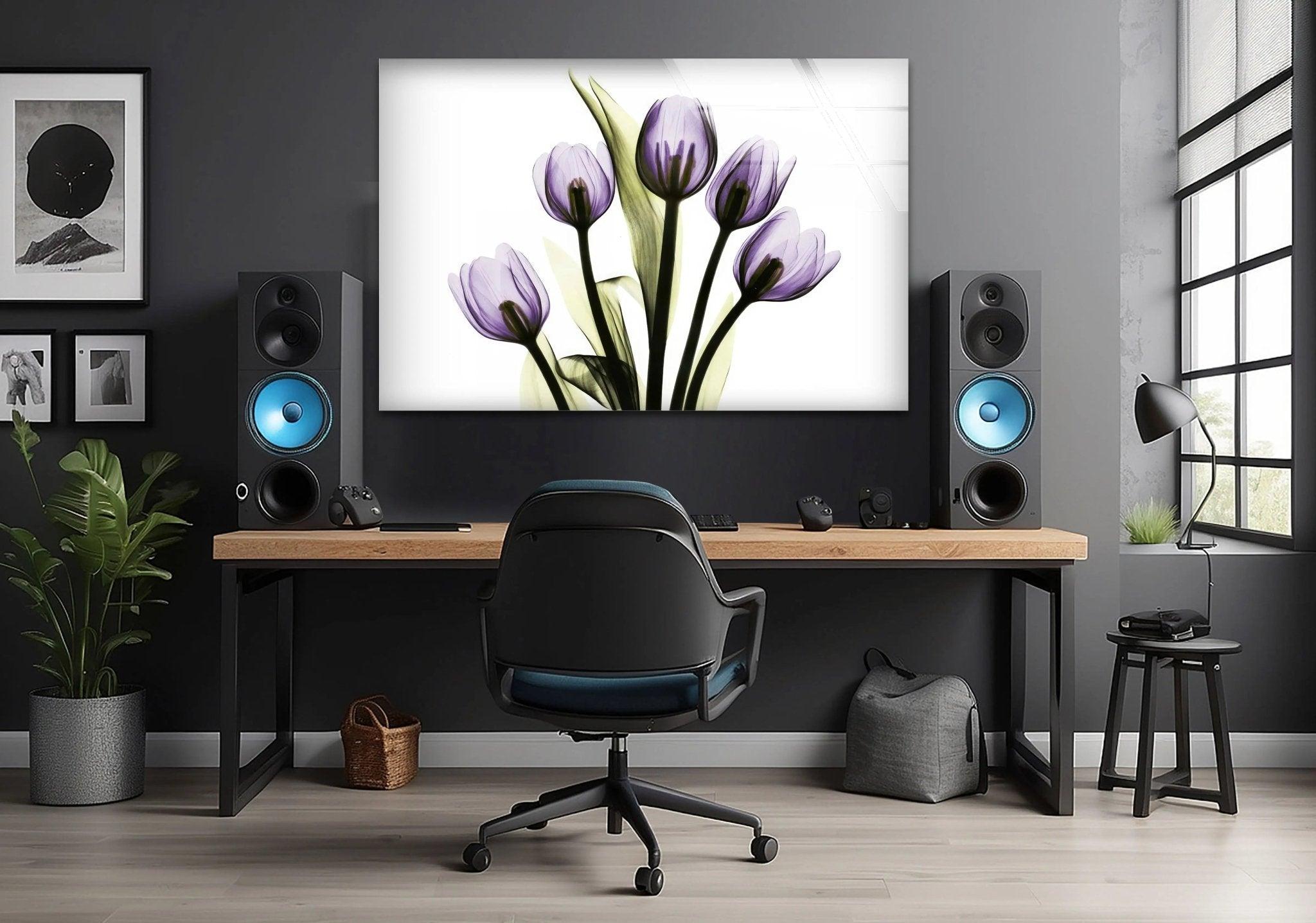 Albert Koetsier Xray Five Tulips In Purple Glass Wall Art - Modern Floral Canvas Print for Living Room, Bedroom & Office Decor