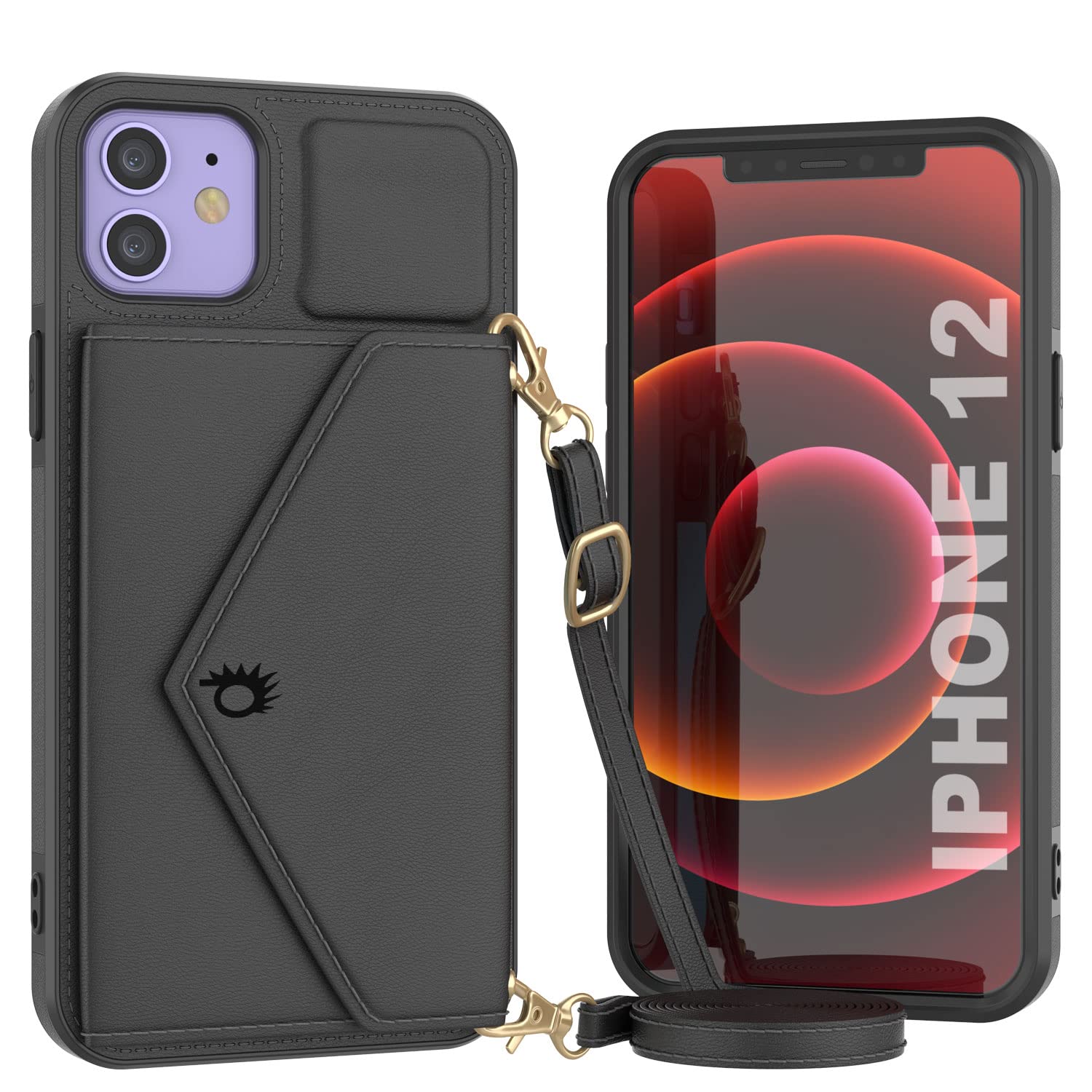 Punkcase for iPhone 12 Wallet Phone Case - Sparkle Series PU Leather Crossbody Purse with Kickstand & Shoulder Strap | Stylish Protective Cover for iPhone 12 (6.1 Inch) Black | Perfect for Work, Travel & Everyday Use