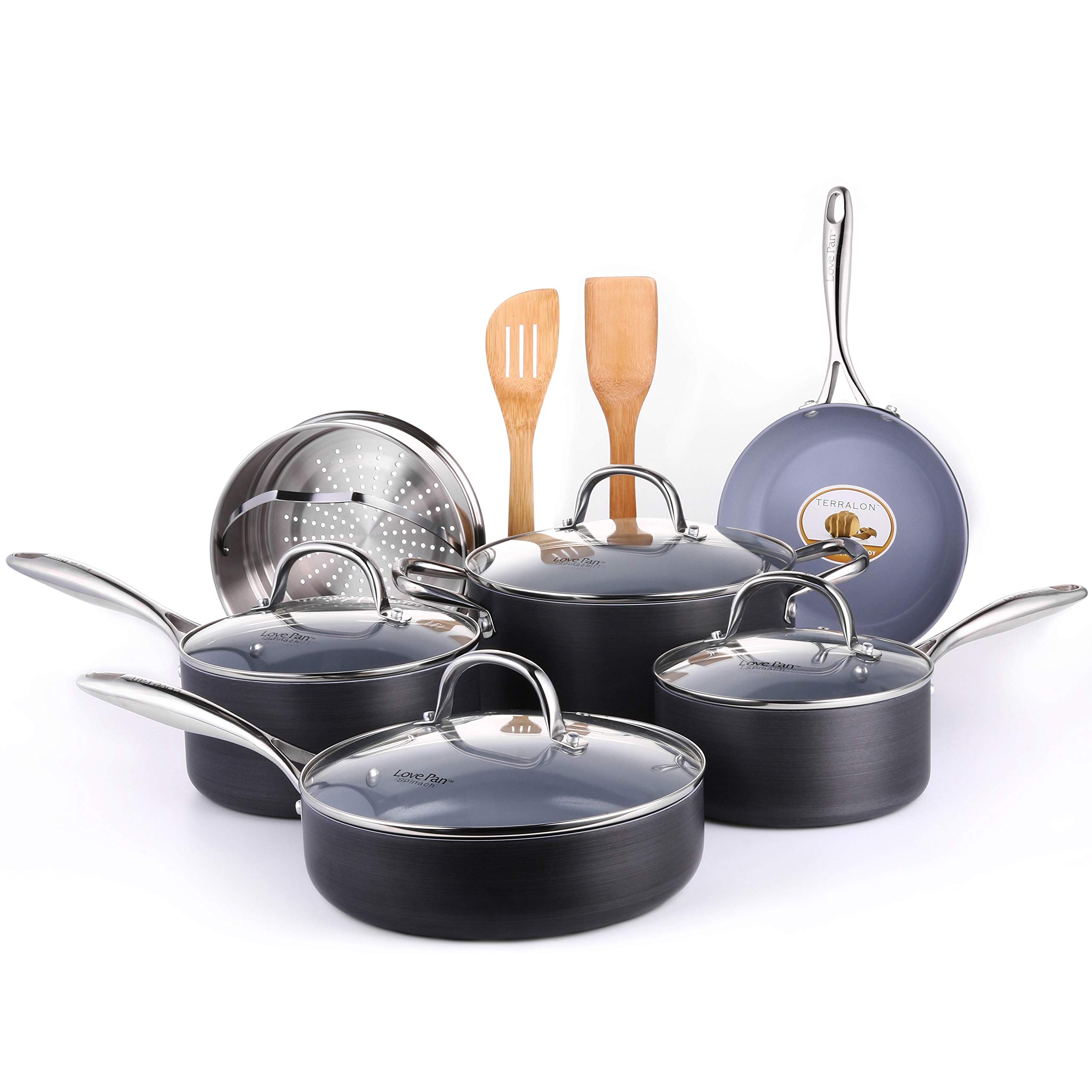 AMERICOOK 12-Piece Nonstick Cookware Set - Hard Anodized Grey Ceramic Pots and Pans with Bamboo Utensils & Steamer Insert for Healthy Cooking | Perfect for Frying, Boiling, Steaming & Everyday Kitchen Use