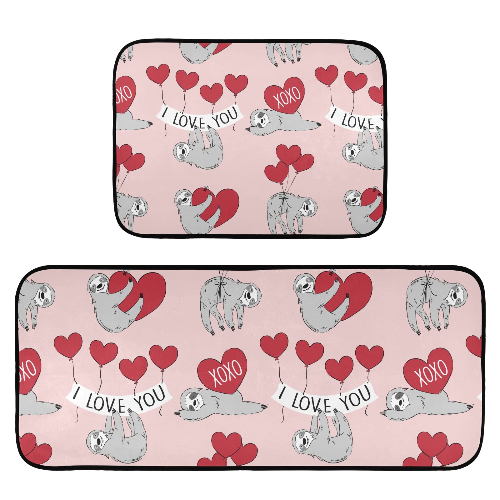 Valentine's Day Sloth Love Kitchen Mat Set of 2 - Anti-Fatigue Washable Non-Slip Cushioned Foam Rugs - Comfort Standing Mats for Kitchen Floor & Home Decor - Perfect for Valentine's Gifts, Cozy Home Cooking & Romantic Kitchen Decor