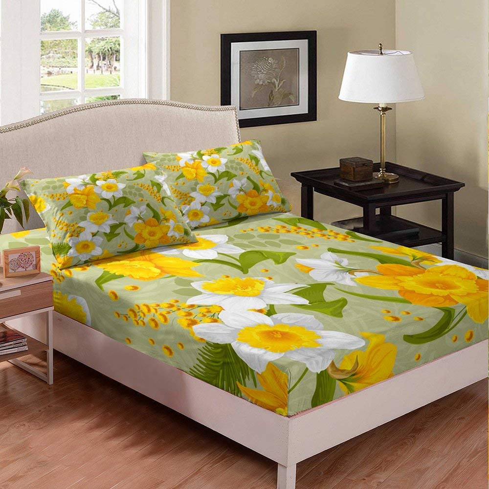 Floral Print Queen Size 3-Piece Bed Sheet Set - White & Yellow Flowers, Soft Breathable Fitted Sheet with 2 Pillowcases, Kids Room Decor, Garden Theme Bedding for Cozy Sleep