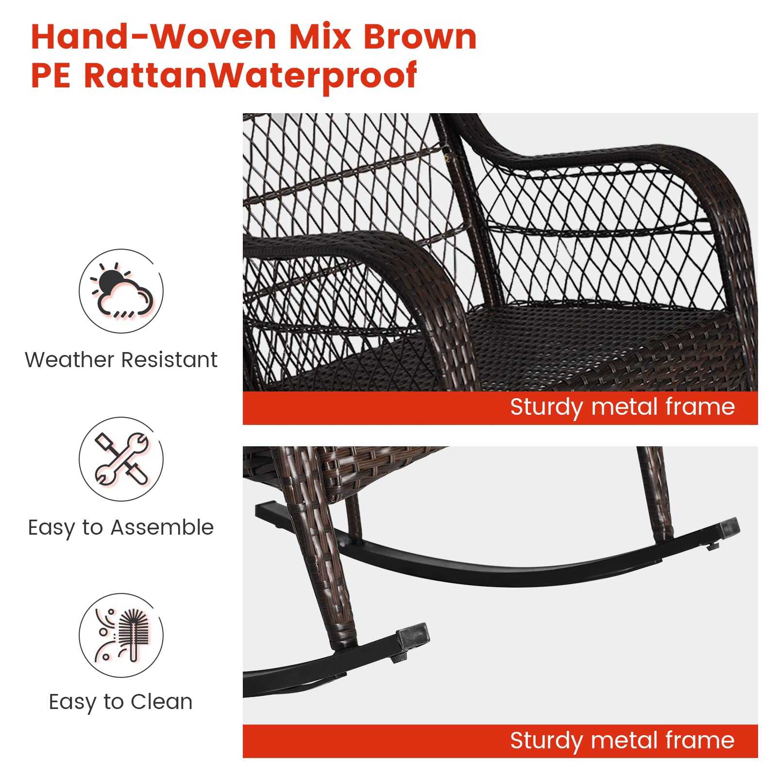 **MEDIMALL Outdoor Wicker Rocking Chair with Lumbar Pillow & Cushions – Patio Rattan Rocker with Padded Seat, Durable Metal Frame, Mix Brown Wicker Furniture for Balcony, Porch, Deck, Backyard (Red) – Perfect for Relaxing, Reading, or Sunbathing**