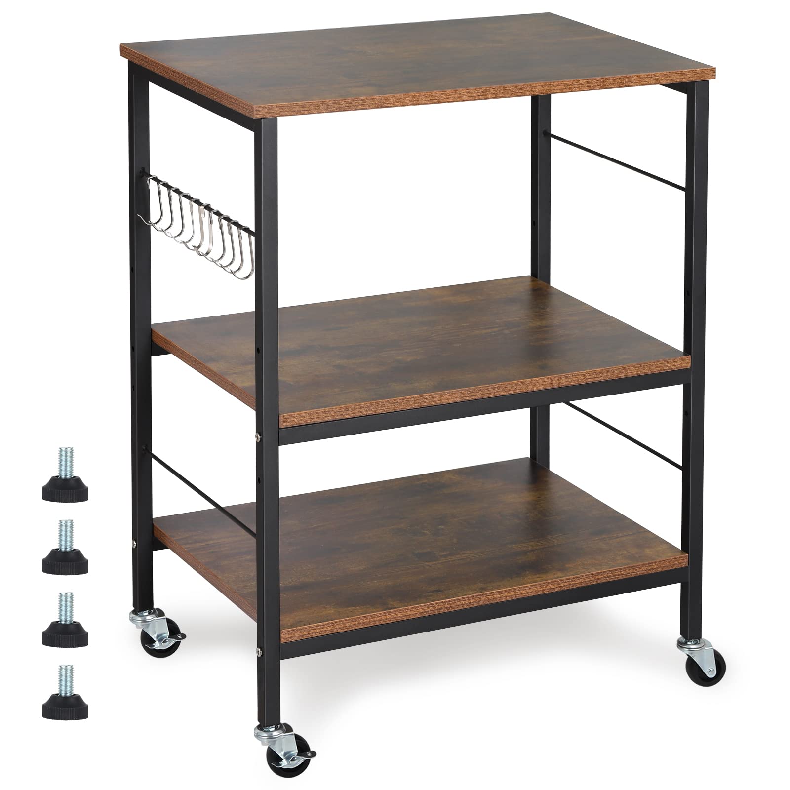 Industrial Microwave Oven Stand & 3-Tier Nightstand with 10 Hooks - Rustic Brown Kitchen Baker's Rack, End Table & Storage Shelf for Living Room, Bathroom, Cafe - Perfect for Small Space Organization & Home Decor