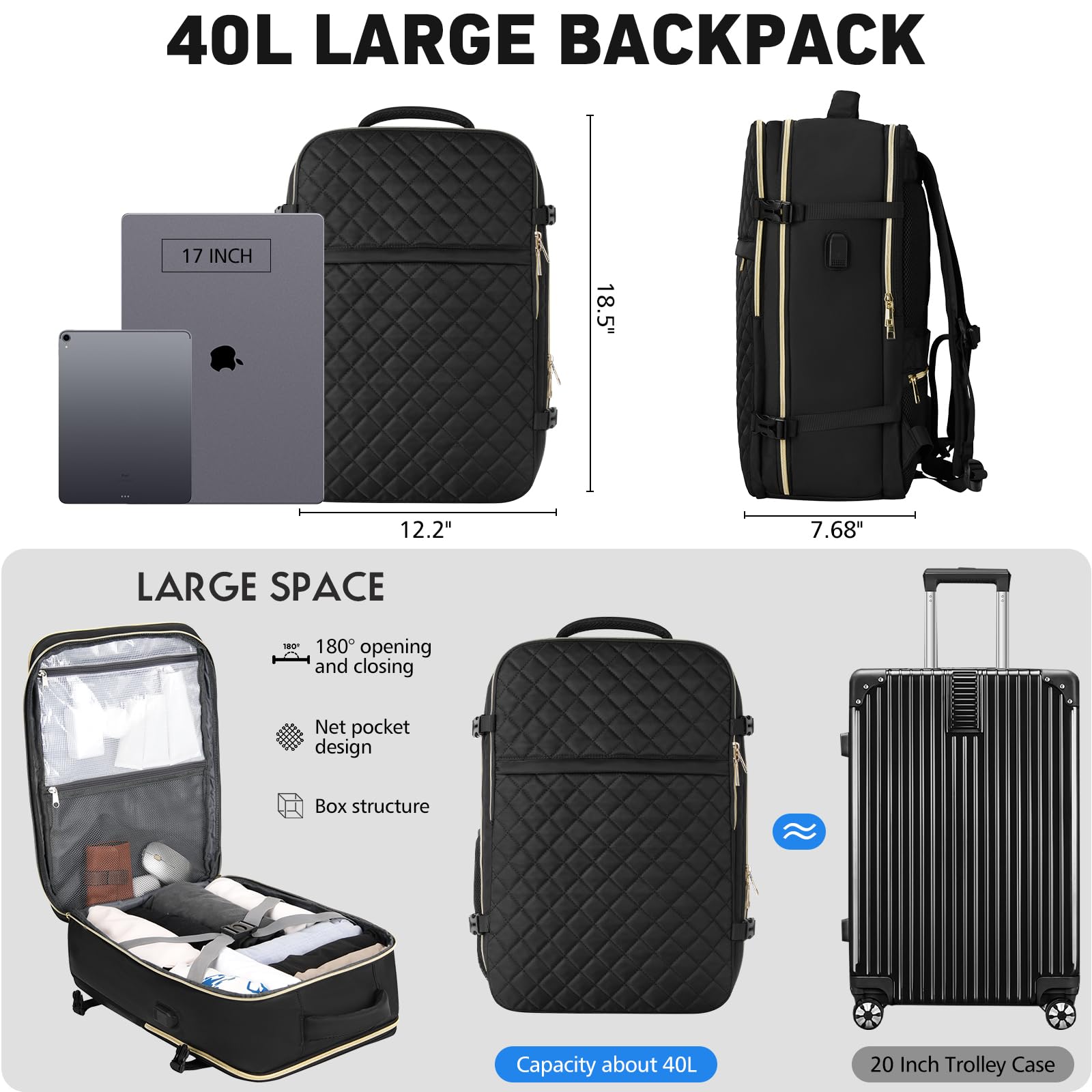 Women's Travel Backpack 40L - TSA Approved Carry On Backpack, Waterproof Flight Approved Laptop Backpack Fits 17 Inch Computer - Perfect for Business Trips, Weekend Getaways & Airplane Travel (Black)