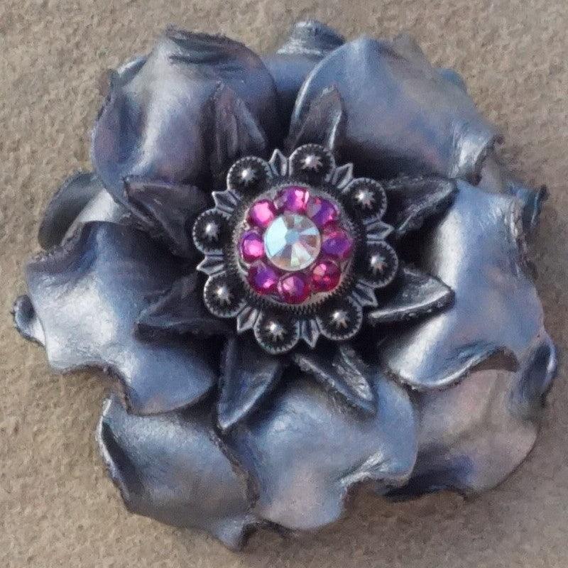 Antique Silver Gardenia Flower Hair Clip with Fuchsia & AB Crystal Concho - Perfect for Weddings, Prom, and Special Occasions