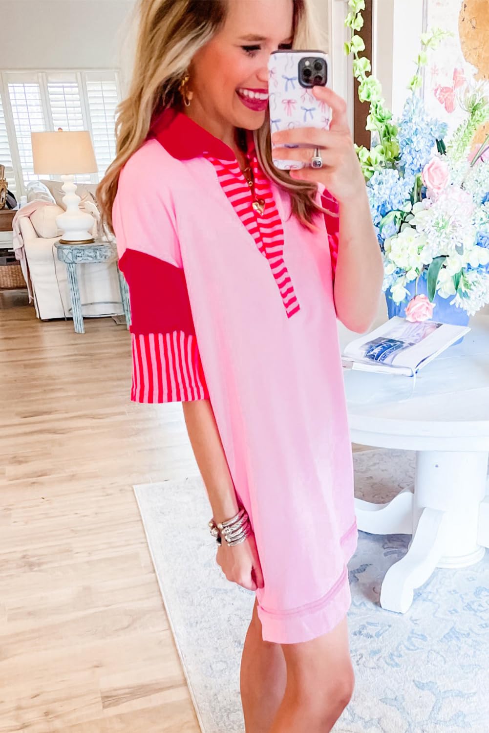 Women's Casual White Stripe Colorblock Patchwork Short Sleeve T-Shirt Dress - Summer Beach Wear, Street Style, Everyday Comfort Outfit