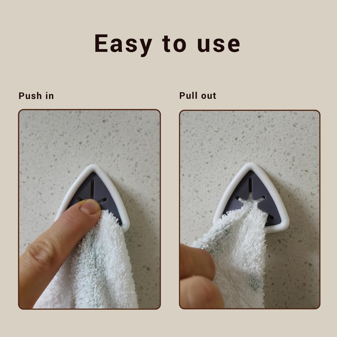Adhesive Push Towel Hook - 4 Pack White Kitchen & Bathroom Towel Holder for Hand Towels, Dish Towels & Washcloths - Space Saving Organizer for Cabinets, Drawers & Walls