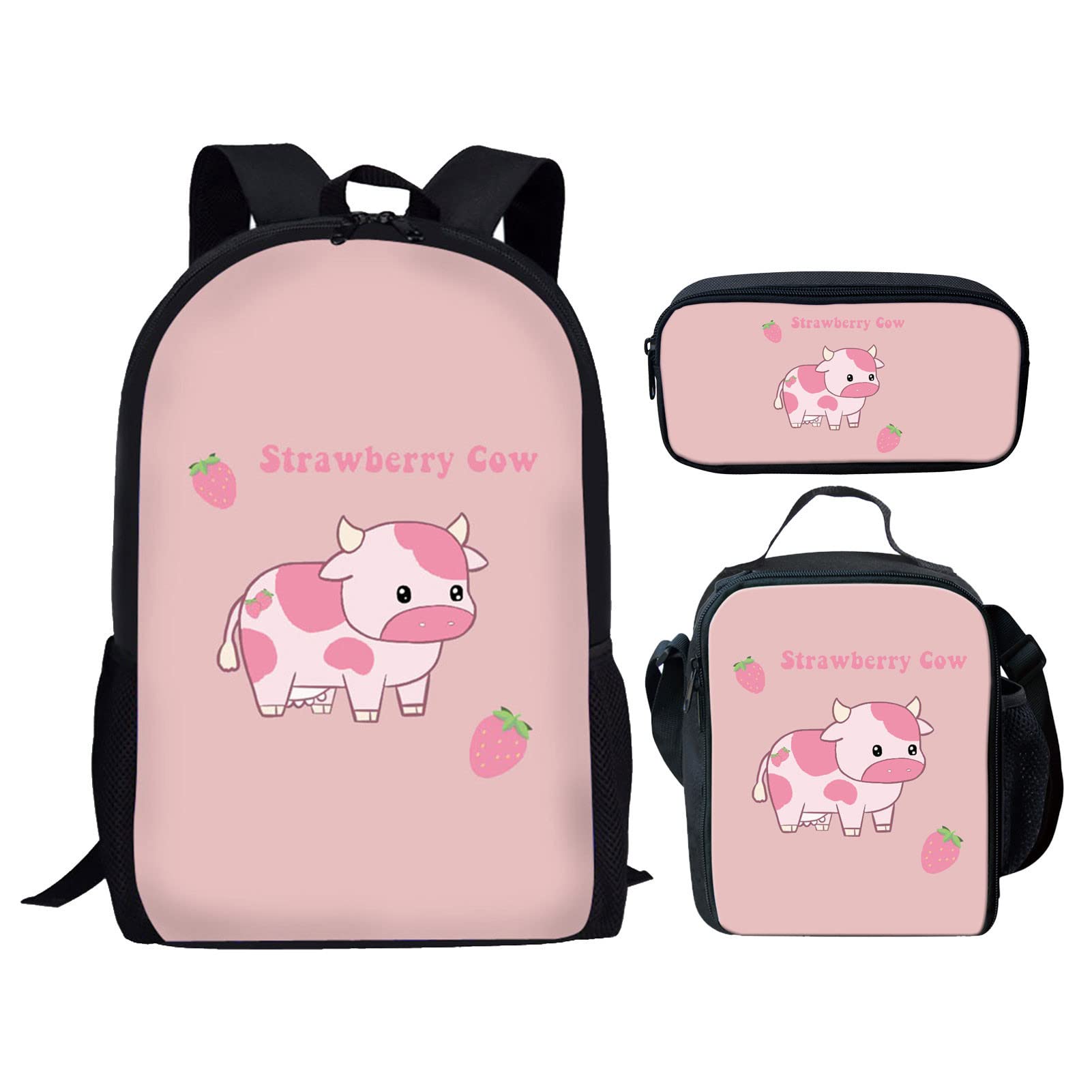 WELLFLYHOM Cute Pink Strawberry Cow Backpack for Teen Girls - School Bookbag with Lunch Box & Pencil Case, Middle High School Rucksack, Laptop Bag for Students - Perfect for Class, Travel & Daily Use