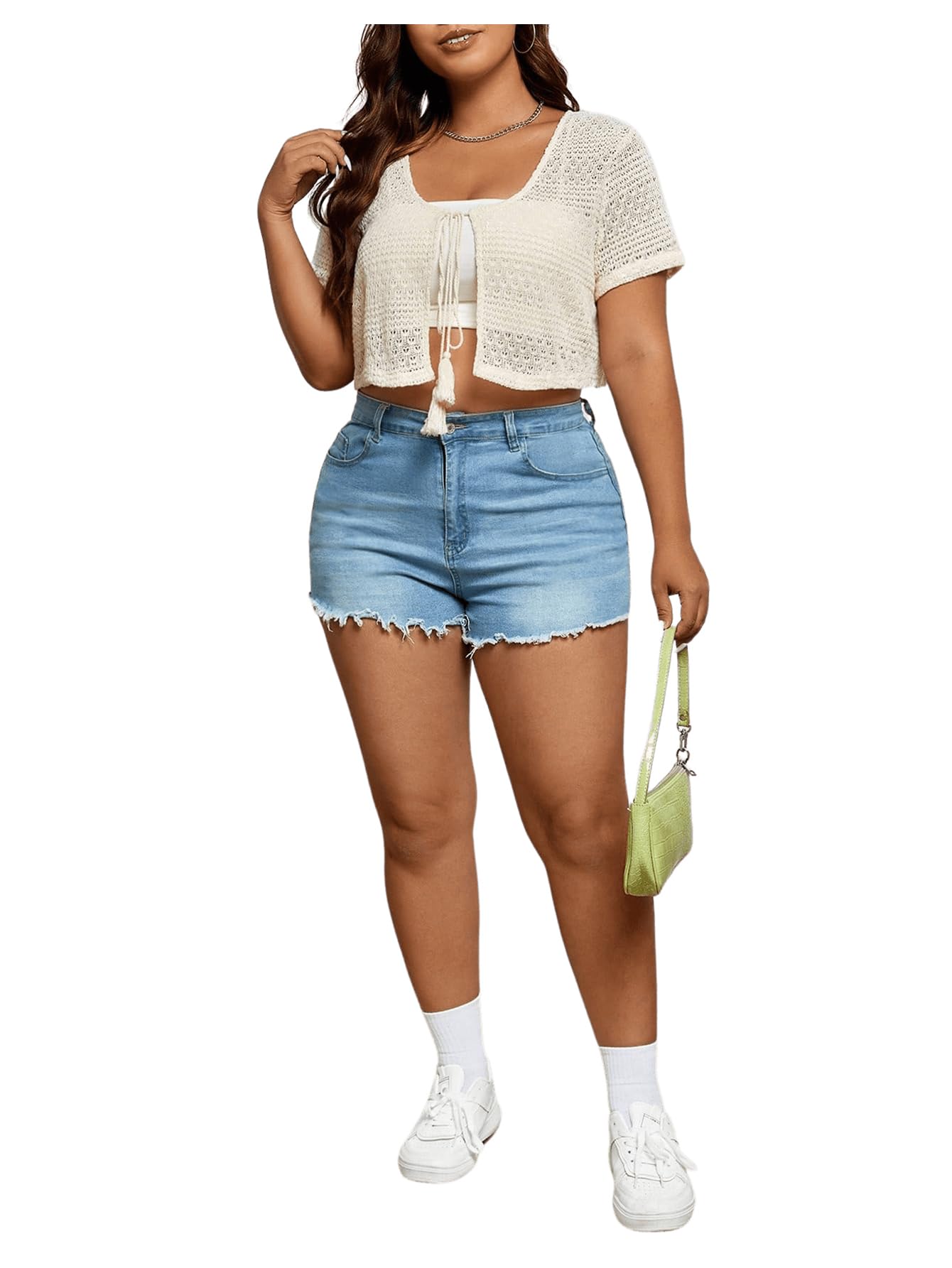 Plus Size Women's Lightweight Knit Crop Cardigan with Tassel Tie Front - Short Sleeve Sheer Cover-Up for Spring/Summer Layering, Beach Outfits & Casual Wear