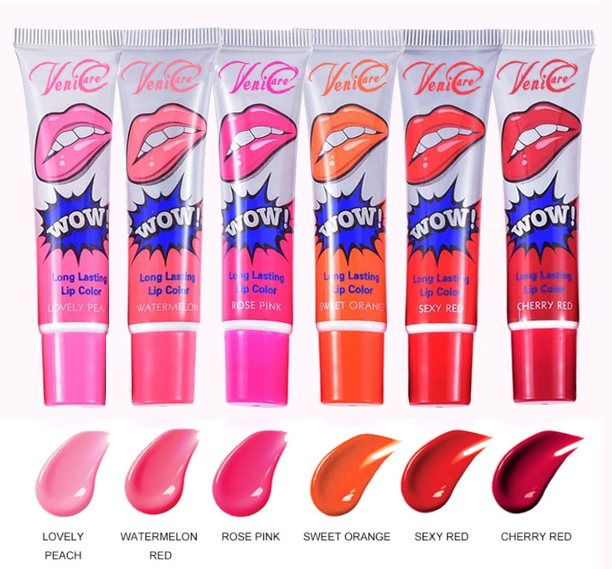 6-Pack Long Lasting Peel-Off Lip Stain Gloss Set with Free Bonus Kraft Sticker Labels - 6 Vibrant Shades for Everyday Wear, Date Night & Special Occasions