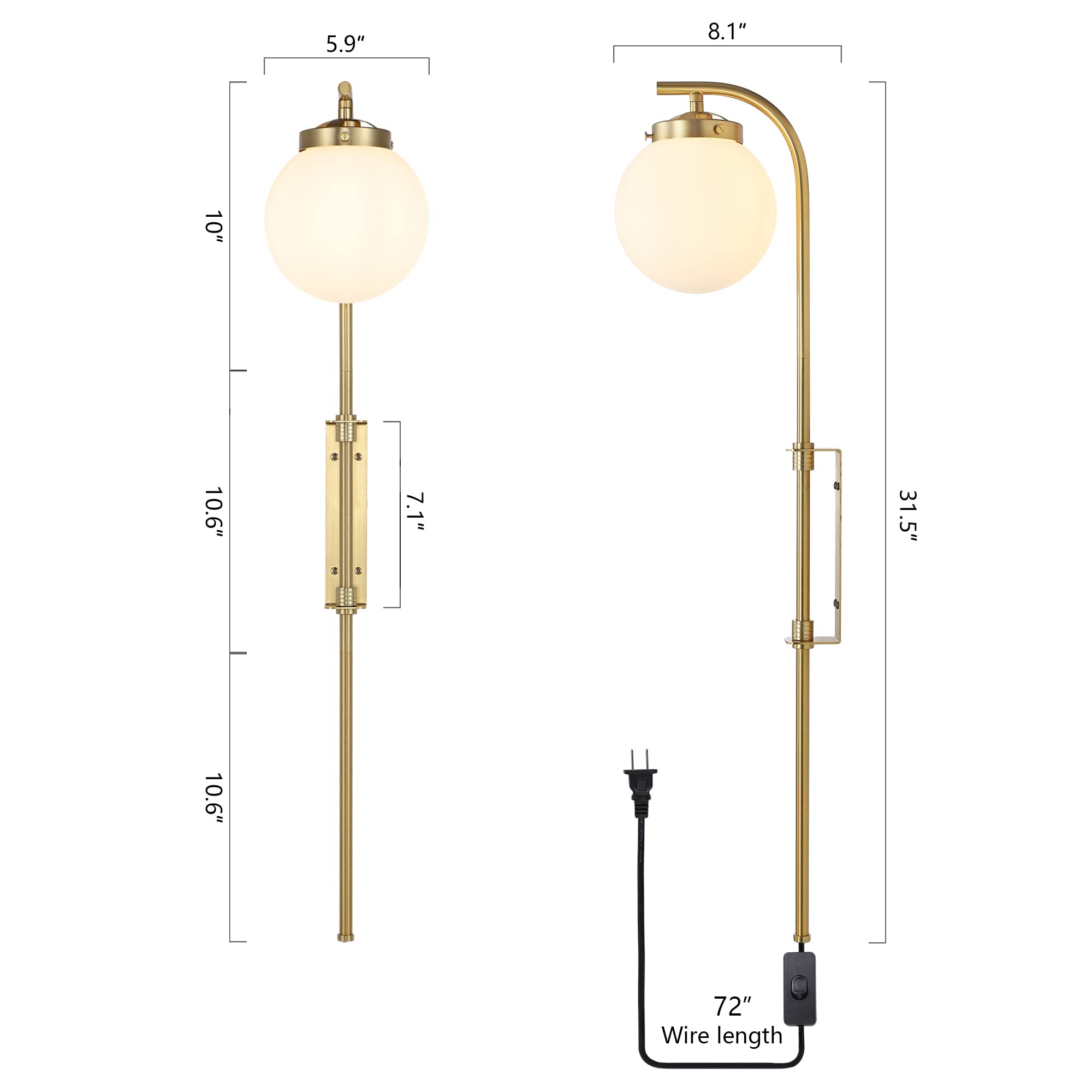 Gold Wall Sconces Set of 2 with Globe Shade - Modern Plug-in Wall Lamps with Switch & Adjustable Angle - Perfect for Bedroom, Living Room, Study, Hallway & Bedside Lighting