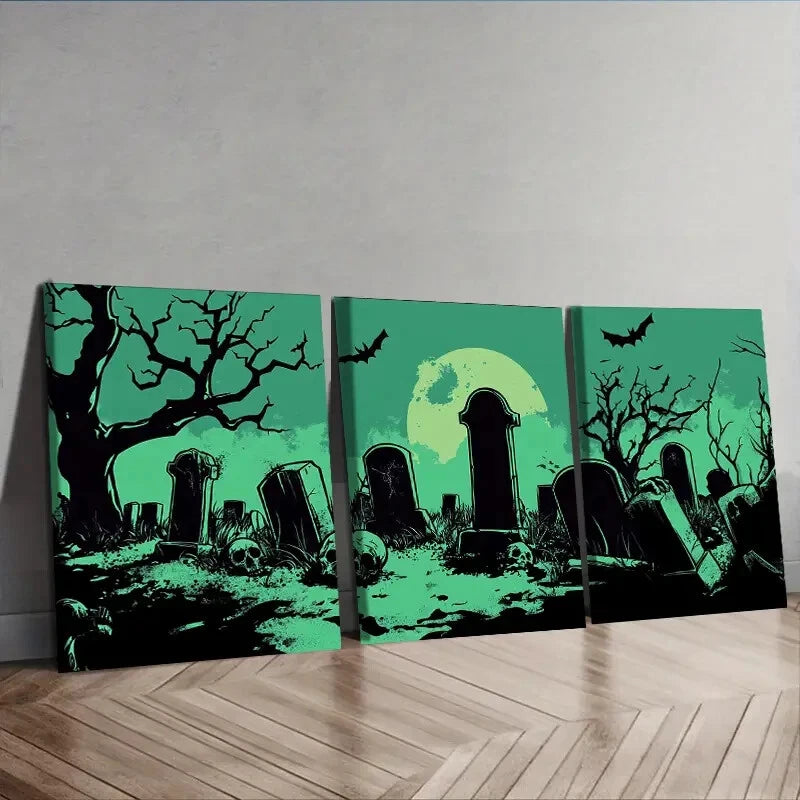 3-Piece Graveyard Halloween Wall Art Set - Framed Canvas Prints 40x60cm - High Quality Australian Made Halloween Decor - Perfect for Spooky Home Decor, Haunted House Parties & Halloween Gift Giving