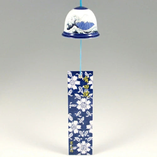 Authentic Arita Yaki Japanese Wind Chime - Handcrafted Ceramic Furin with Mt. Fuji & Wave Design - Traditional Japanese Wind Bell for Home, Garden, and Outdoor Decor