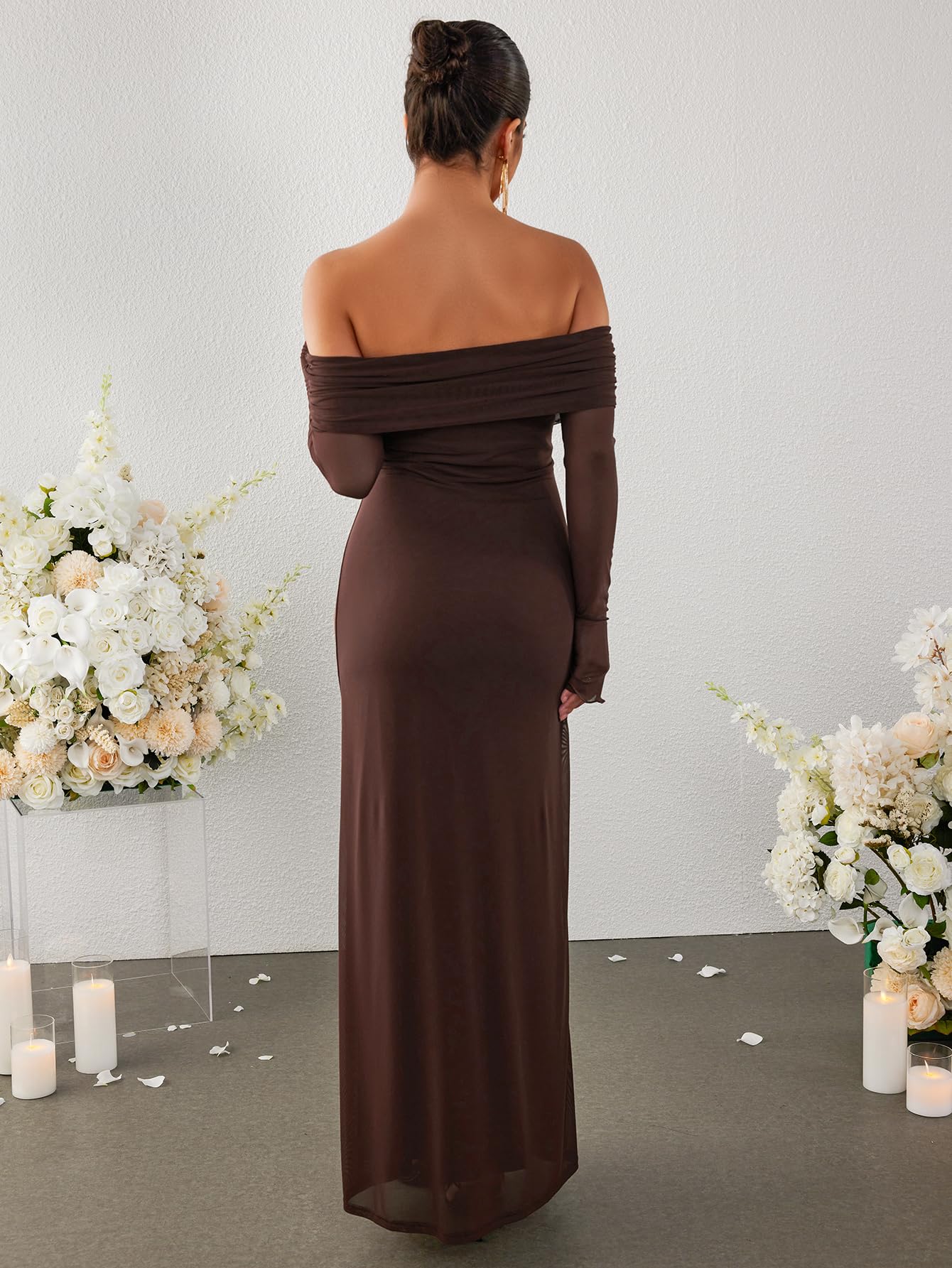KUTUMAI Women's Off Shoulder Bodycon Maxi Dress - Long Sleeve Mesh Ruched Party Gown for Wedding Guest, Cocktail, Evening & Formal Events | Elegant Stretch Fit for Night Out, Date Night & Special Occasions