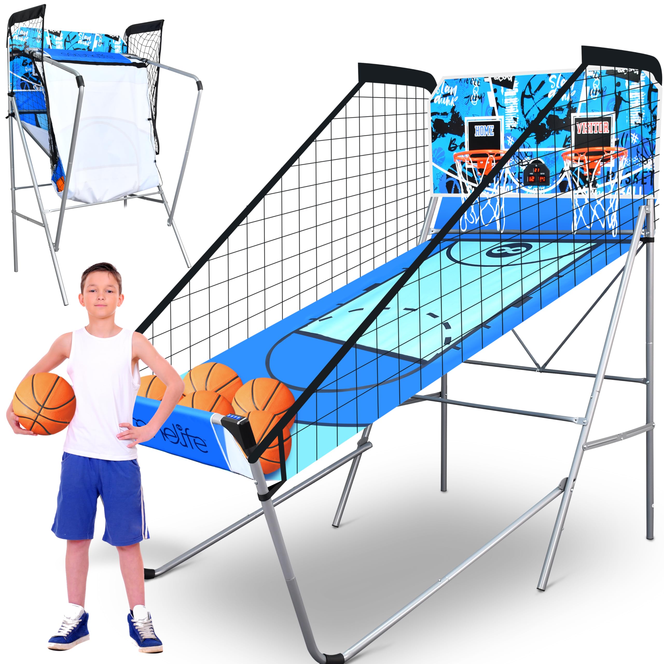 SereneLife Arcade Basketball Game - Indoor Shootout with Heavy Duty Foldable Dual Hoop, Electronic Shot Scoreboard & Play Timer - Pre-Assembled Frame for Home, Office & Game Room Fun