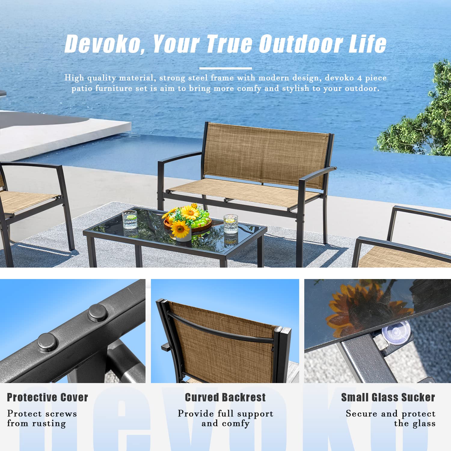 Devoko 4-Piece Outdoor Patio Furniture Set - Yellow Garden Conversation Set with Glass Coffee Table for Poolside, Lawn, Porch & Backyard Relaxation