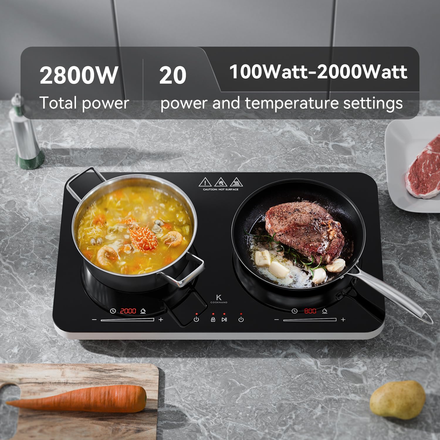 Portable Induction Cooktop 2 Burners - COOKNANO 3600W Double Induction Cooker with Independent Controls, 20 Power & Temperature Settings, 6-Hour Timer & Child Safety Lock - Perfect for Home Kitchen, Dorm, RV & Outdoor Cooking