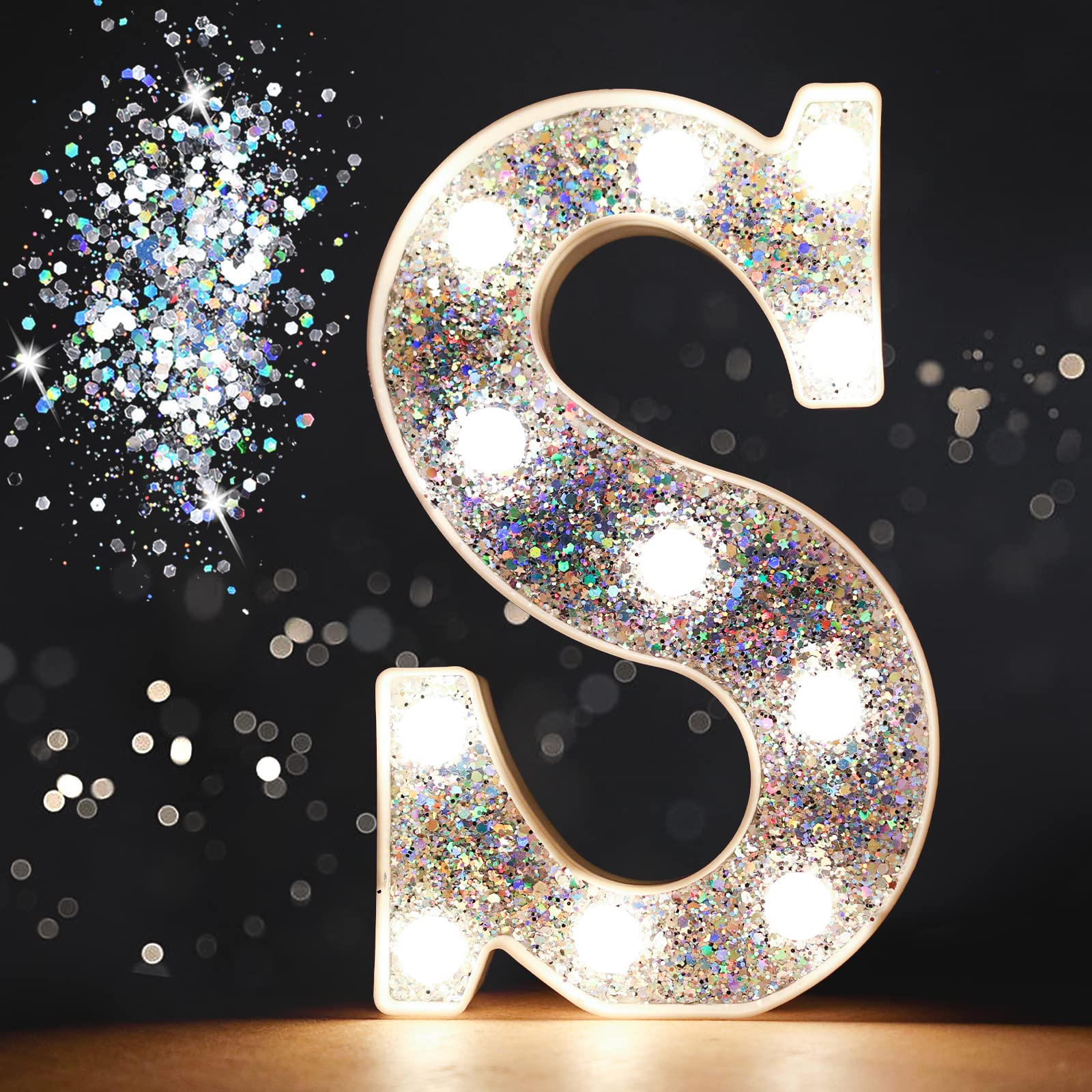 Pooqla LED Marquee Letter S - Silver Glitter Alphabet Light Up Sign, Battery Powered for Night Light, Birthday Party, Wedding, Home Bar & Christmas Decorations - Perfect Gift for Girls and Women