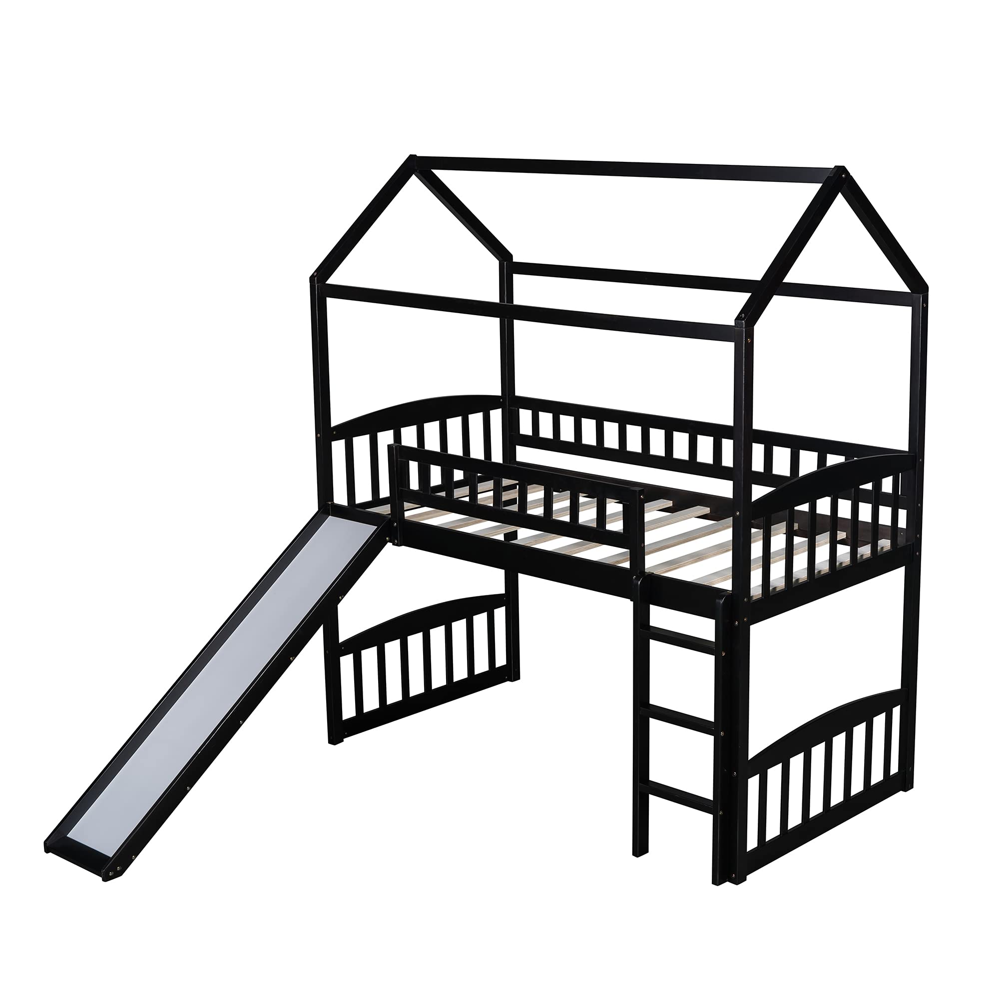 Space-Saving Twin Loft Bed with Slide & Safety Guardrails - Wooden House Bed with Roof & Ladder for Kids, Teens, Boys & Girls (Espresso-5) | Perfect for Small Bedrooms, Playrooms & Dorm Rooms