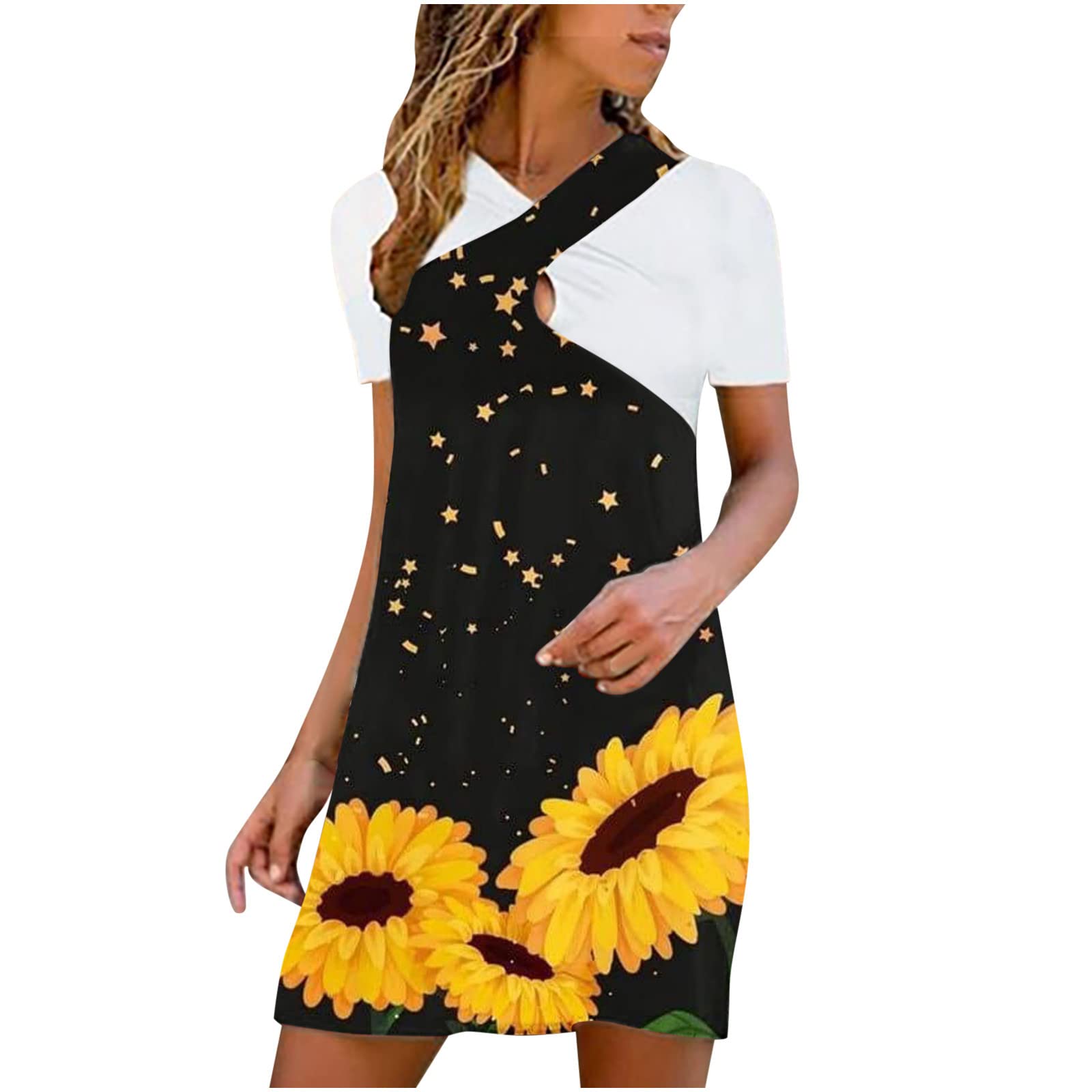 Sexy Floral Print Short Sleeve Mini Dress for Women - Elegant Cross Cutout Stitching Design, Loose Fit Summer Dress for Date Night, Party or Beach Vacation