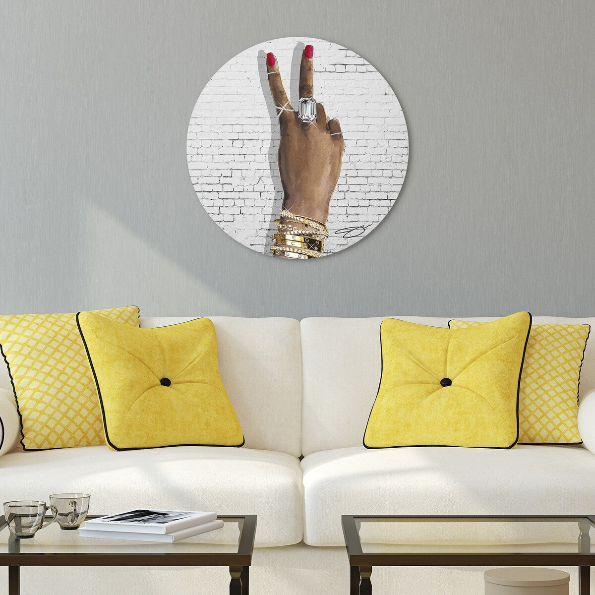 BEE U T F L Frameless Free Floating Tempered Glass Round Wall Art - 24x24 Inch Modern Home Decor for Living Room, Bedroom & Office - Hand Gesture Graphic Design for Contemporary Interior Spaces