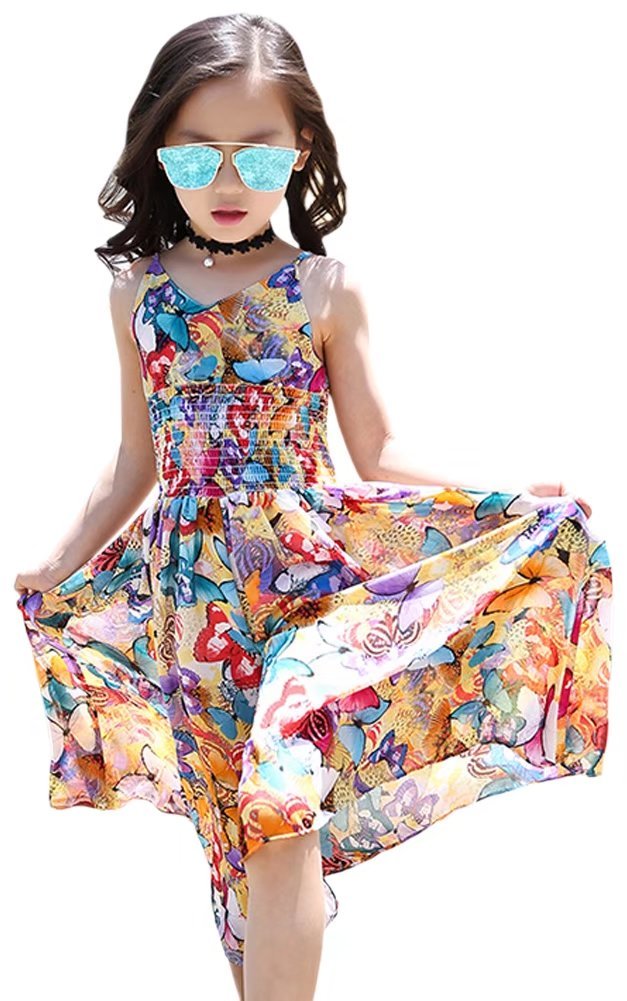 BINPAW Girls Casual Boho Floral Sleeveless Maxi Dress - Summer Beach Jumpsuit for Outdoor Parties, Vacations & Photoshoots