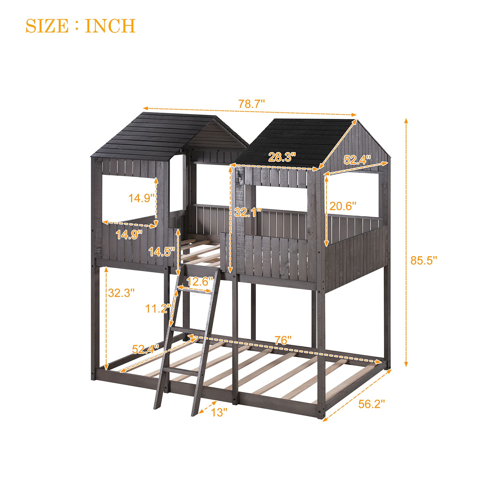MERITLINE Full Over Full House Bunk Bed for Kids - Wooden Twin Size Loft Bed with Roof & Window - No Box Spring Needed - Antique Gray - Perfect for Toddlers, Teens, Boys & Girls Bedrooms, Playrooms & Sleepovers
