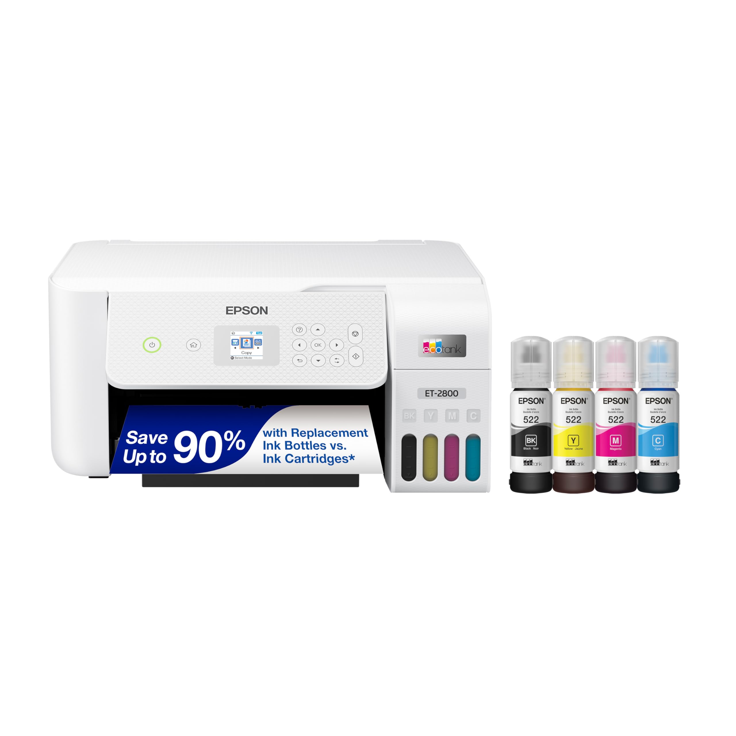 Epson EcoTank ET-2800 Wireless Color All-in-One Printer with Scan, Copy & Cartridge-Free Supertank System - Perfect for Home Office, School & Small Business Printing Needs - White