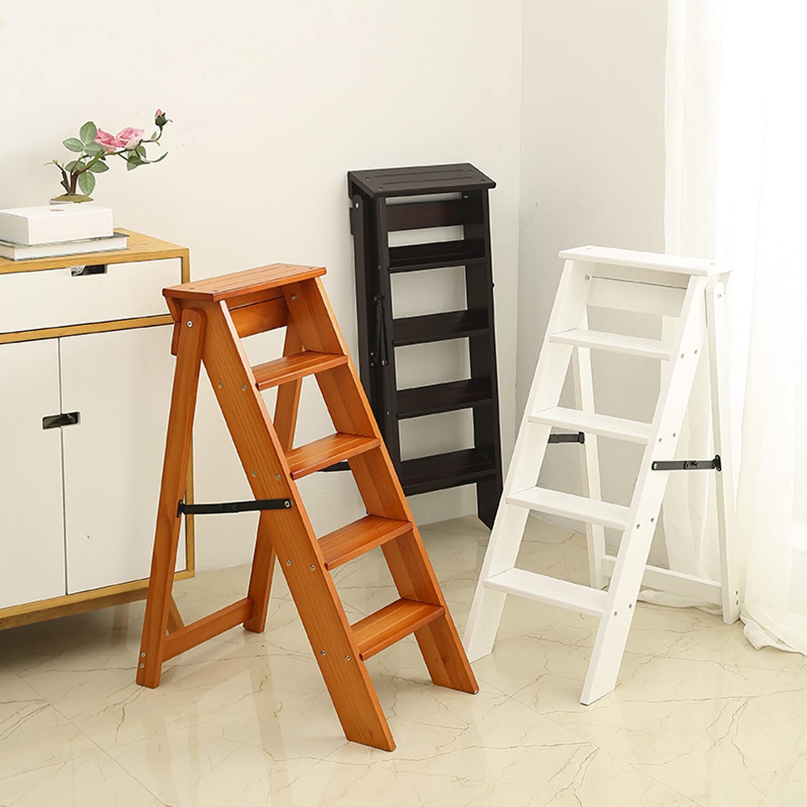 XHALERY Foldable White Step Stool Ladder for Chairs - Portable 5-Step Wooden Safety Ladder with Non-Slip Surface - Perfect for Kitchen, Office, Library & Home Use - Multifunctional Mobile Step Stool