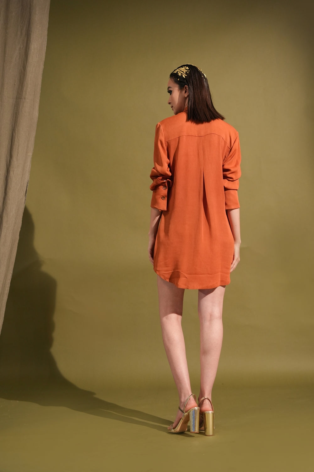 Elegant Tangerine Short Dress with Intricate Threadwork & Metallic Embellishments - Perfect for Summer Parties, Cocktail Events & Beach Vacations