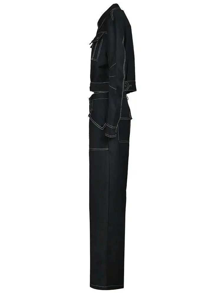 Black Women's Two-Piece Suit Set - Big Size Jacket & Wide Leg Pants with Lapel Design | Long Sleeve Fashion Outfit for Spring & Fall 2025 | Perfect for Office Wear, Business Meetings & Formal Occasions