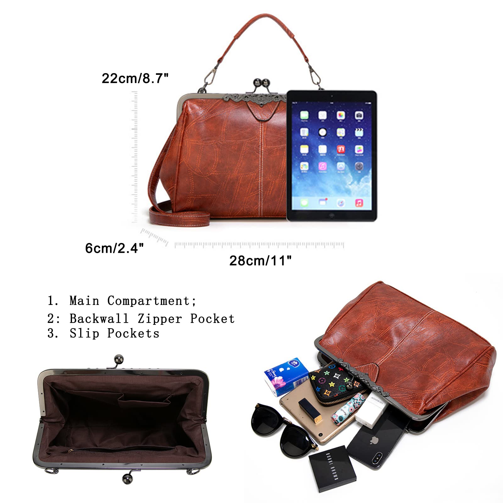 Vintage Women's Kiss Lock Handbag - Oil Leather Evening Clutch Purse & Tote Satchel for Parties, Weddings & Formal Events