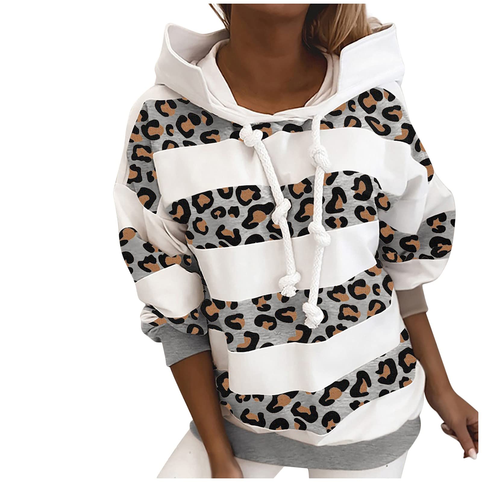 Women's Leopard Print Hooded Sweatshirt - Cozy Long Sleeve Striped Pullover for Fall & Winter - Casual Warm Fleece Hoodie for Women - Perfect for Outdoor Activities, Travel & Lounge Wear