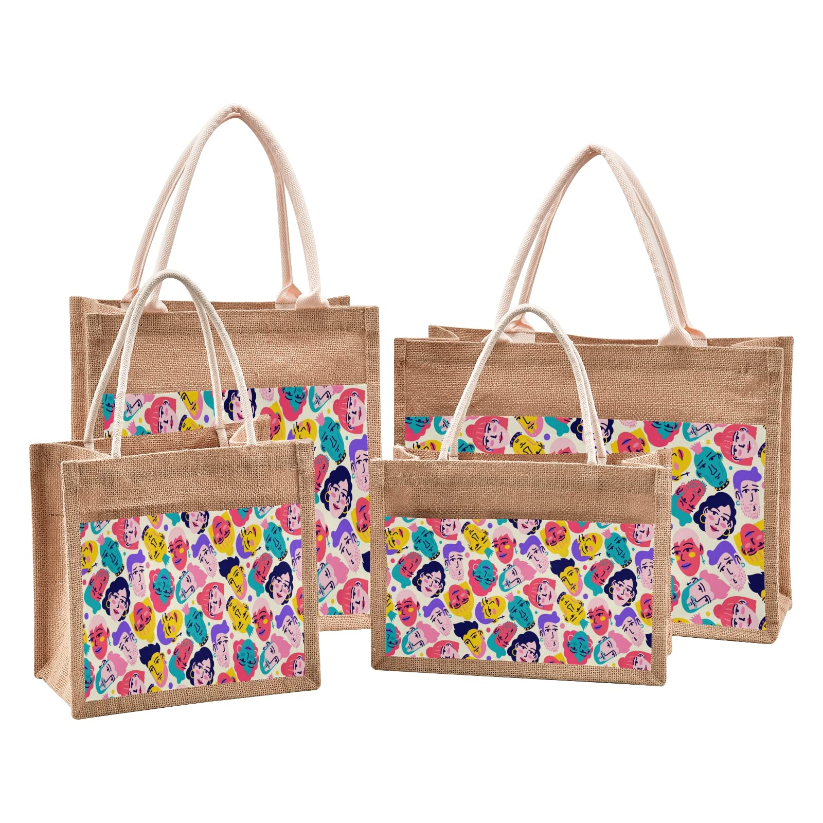 Eco-Friendly Hand Drawn Faces Jute Tote Bag for Women - Reusable Grocery Shopping Bag with Sturdy Handles - Perfect for Travel, Beach, Wedding & Everyday Use
