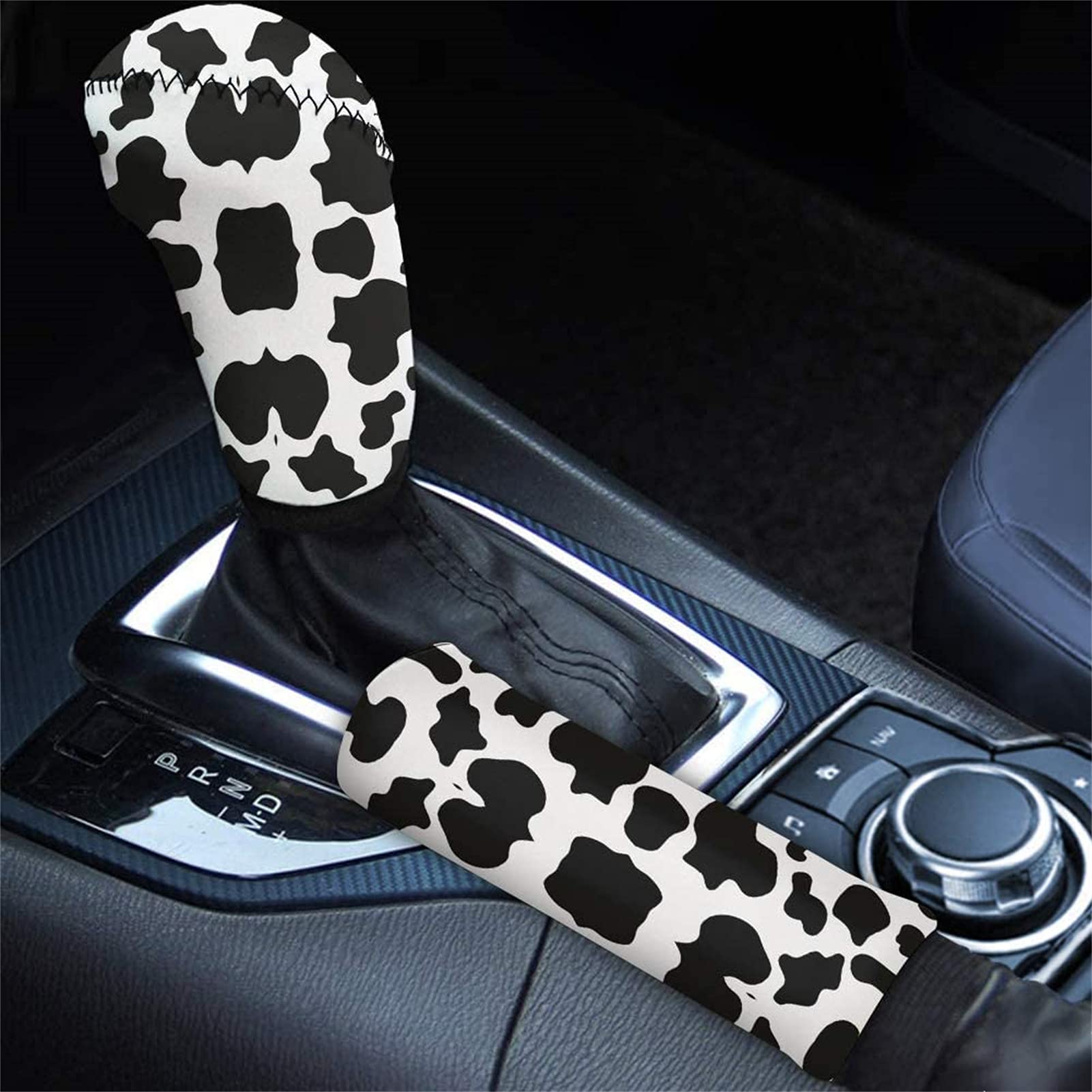 Universal Car Hand Brake & Shift Knob Cover - White Black Cow Print for Interior Protection