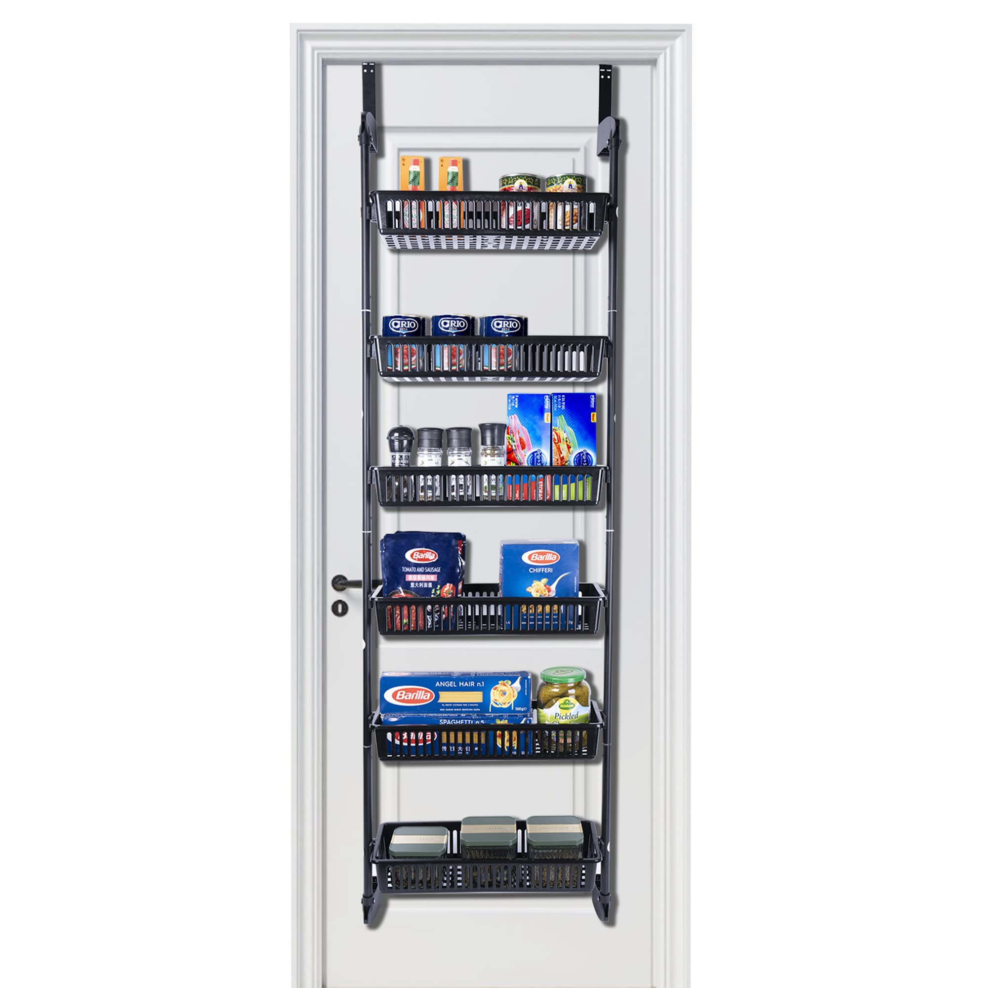 Premium 6-Tier Over The Door Pantry Organizer - Heavy Duty Steel & Resin Hanging Storage for Cans, Spices & Kitchen Supplies - Space Saving Closet & Pantry Organization Solution (Black, 18.5