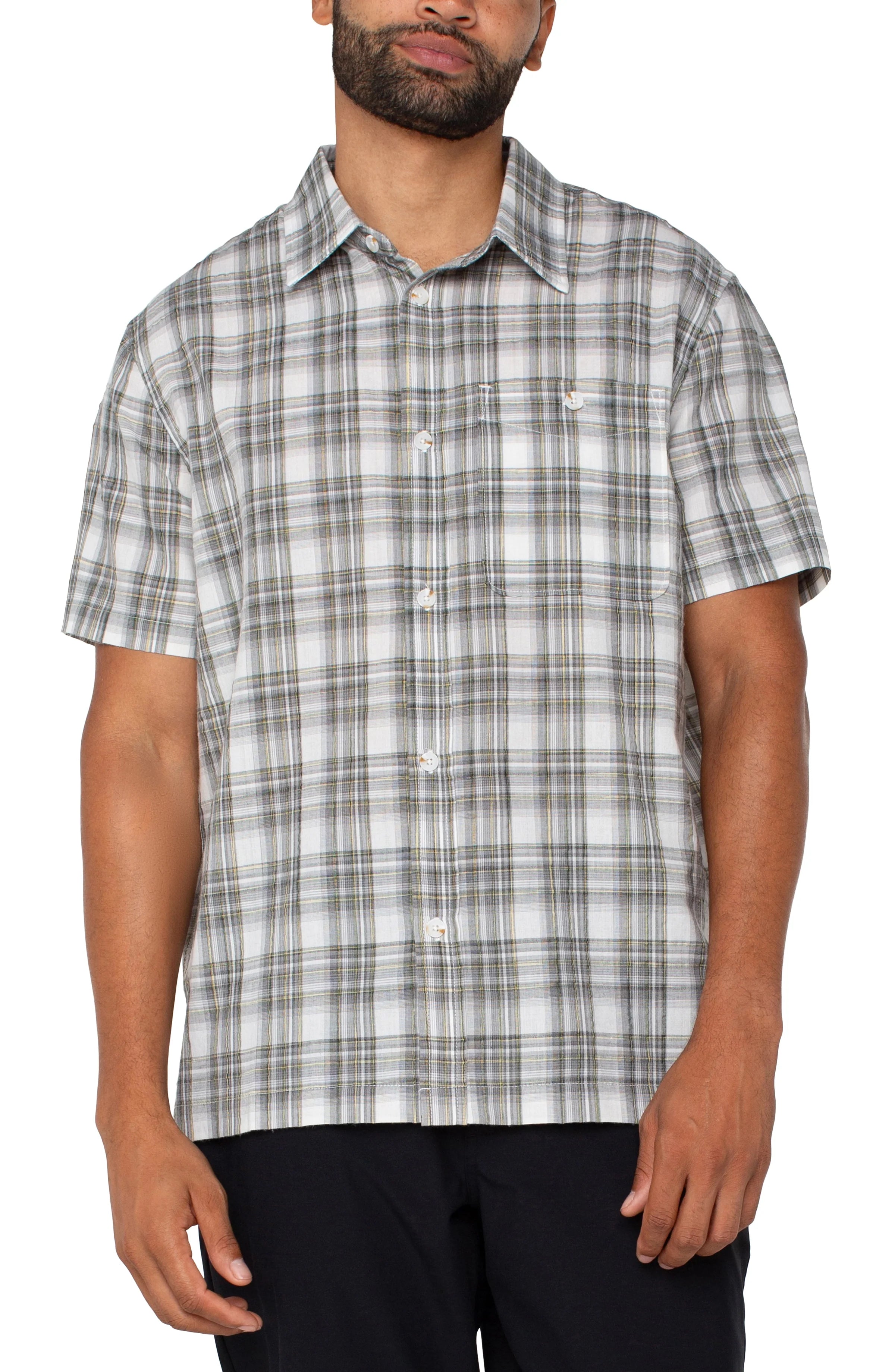 Men's Button Up Short Sleeve Casual Shirt - Sage Grey Multi Color Plaid Pattern for Summer Outdoor Work & Travel