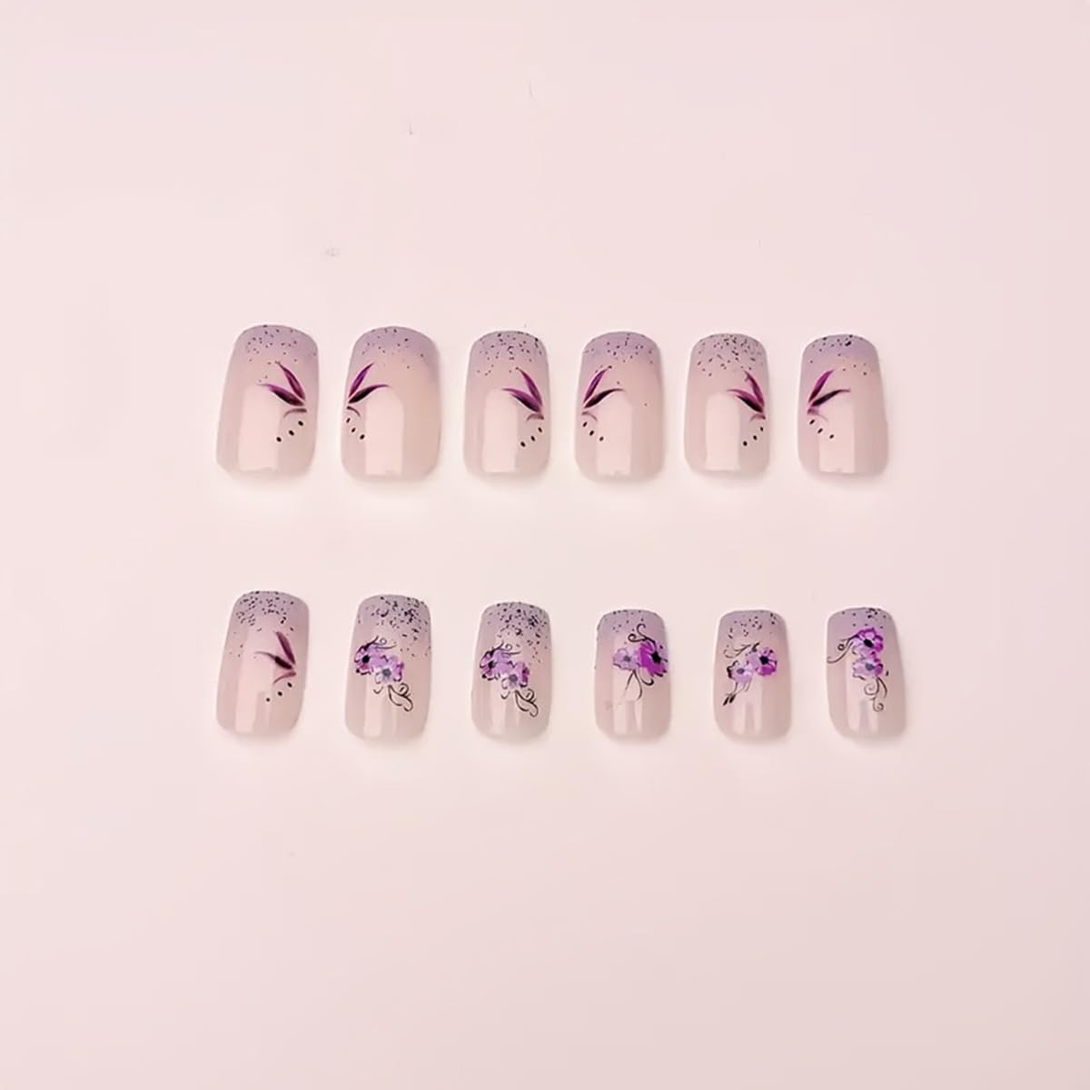 Purple French Press on Nails Short Square Fake Nails - 24PCS Nude False Nails with Purple Flower Glitter Design, Full Cover Acrylic Glue on Nail Tips for Women | Perfect for Parties, Weddings & Daily Wear