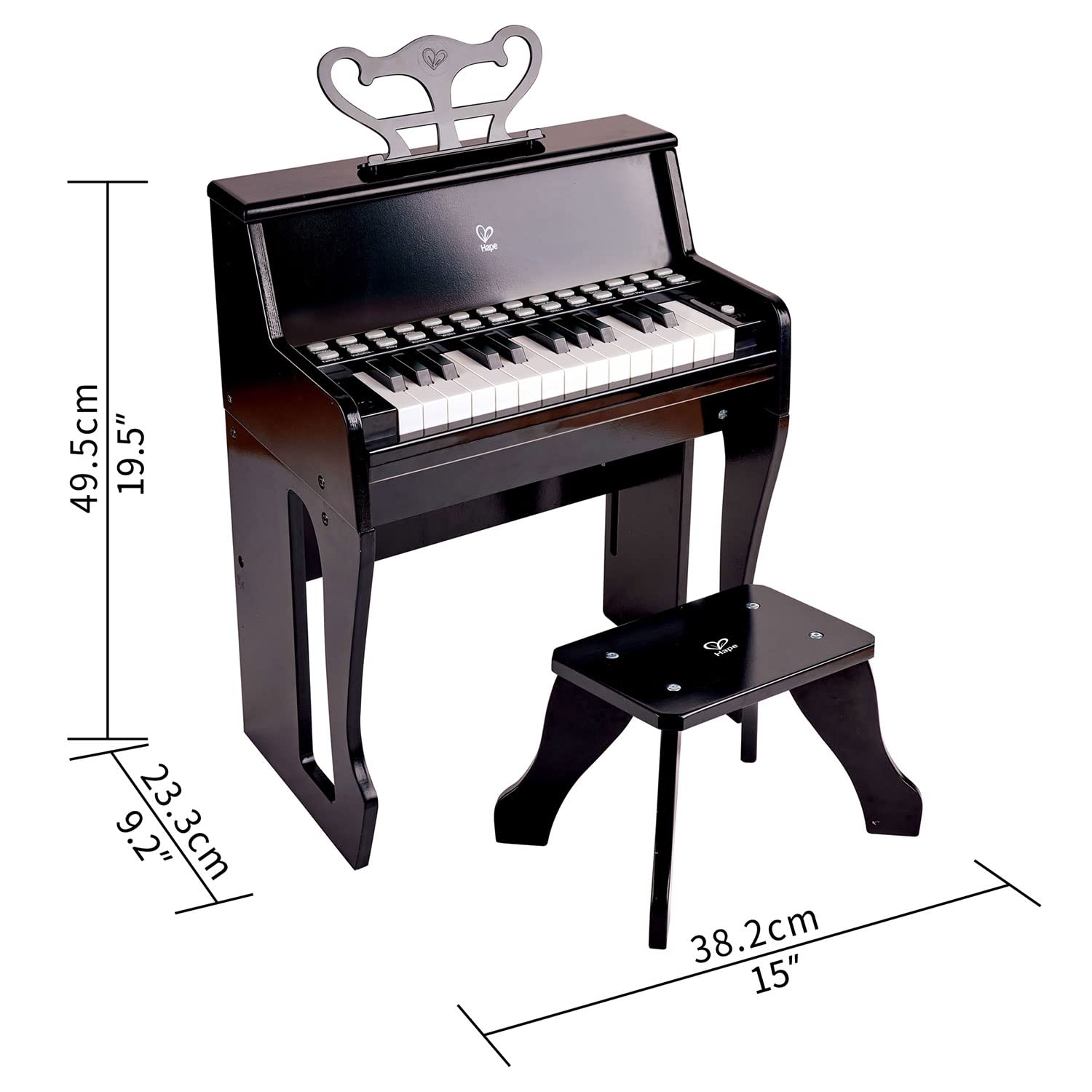 Hape Learn with Lights Black Piano with Stool - Kids Musical Toy Keyboard for Early Learning & Play - Perfect for Home, Classroom & Music Enthusiasts